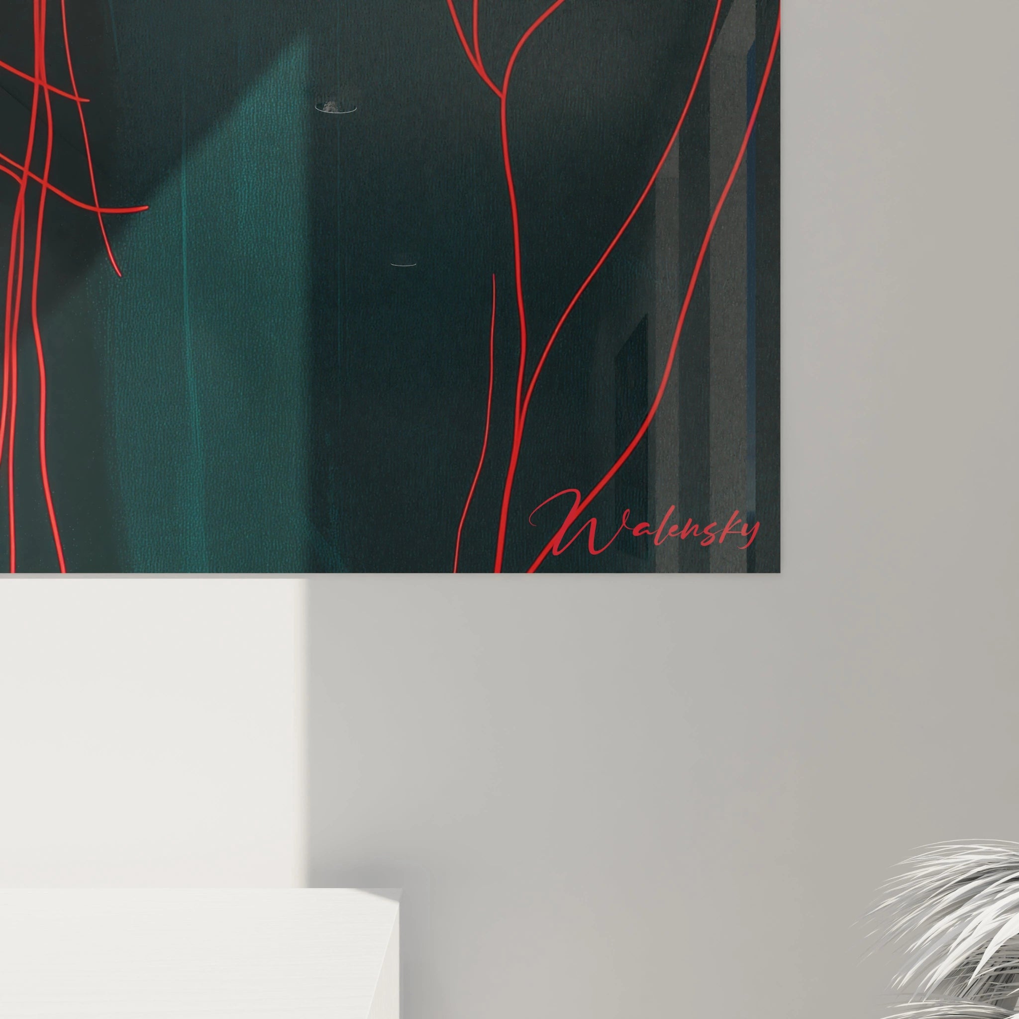 Gros plan d’un tableau Amedeo Modigliani montrant des lignes rouges fines formant un visage abstrait, avec des nuances sombres en arrière-plan et des détails graphiques sur les yeux et la bouche.