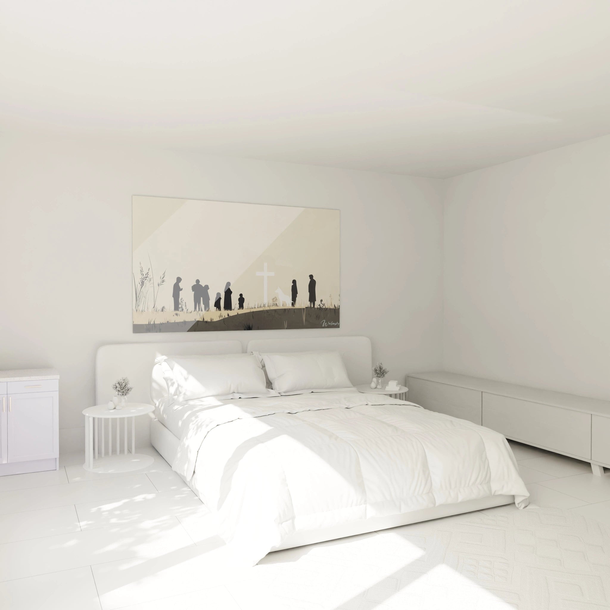 Un tableau Gustave Courbet avec une croix blanche centrale, des silhouettes noires et un paysage beige avec des textures douces.