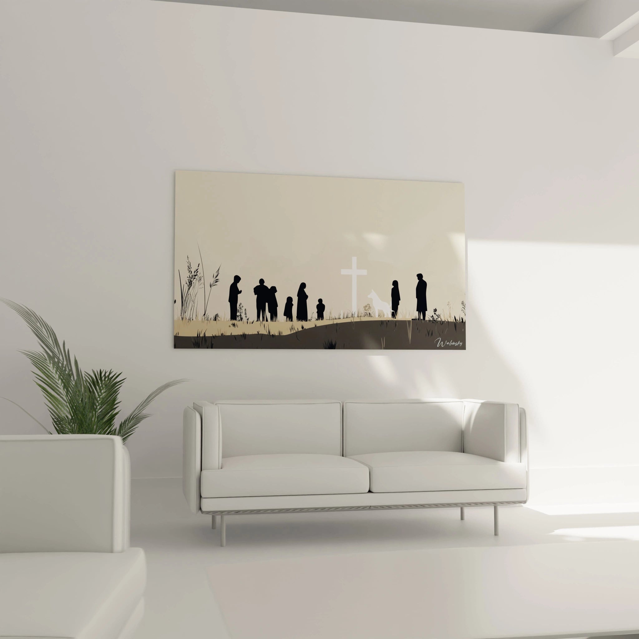 Silhouettes humaines noires et un chien blanc devant une croix lumineuse dans un tableau Gustave Courbet, avec des herbes fines et un fond beige.