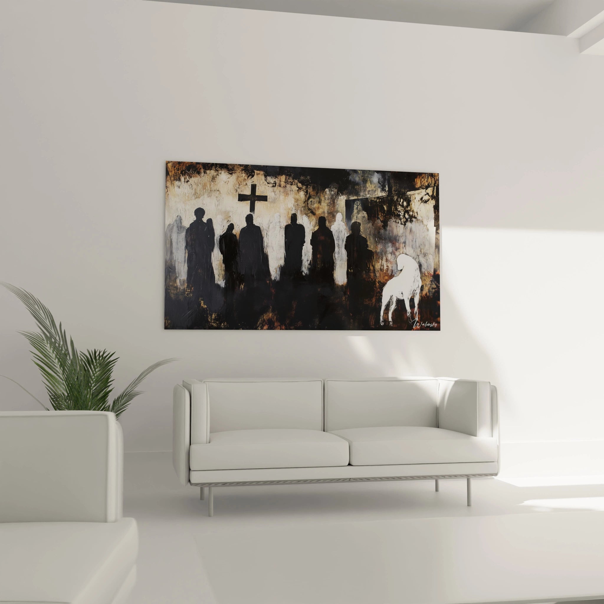 Une œuvre représentant des figures humaines sombres et une croix, accompagnées de textures brutes et de couleurs noir, blanc et bronze, typique d'un tableau Gustave Courbet.