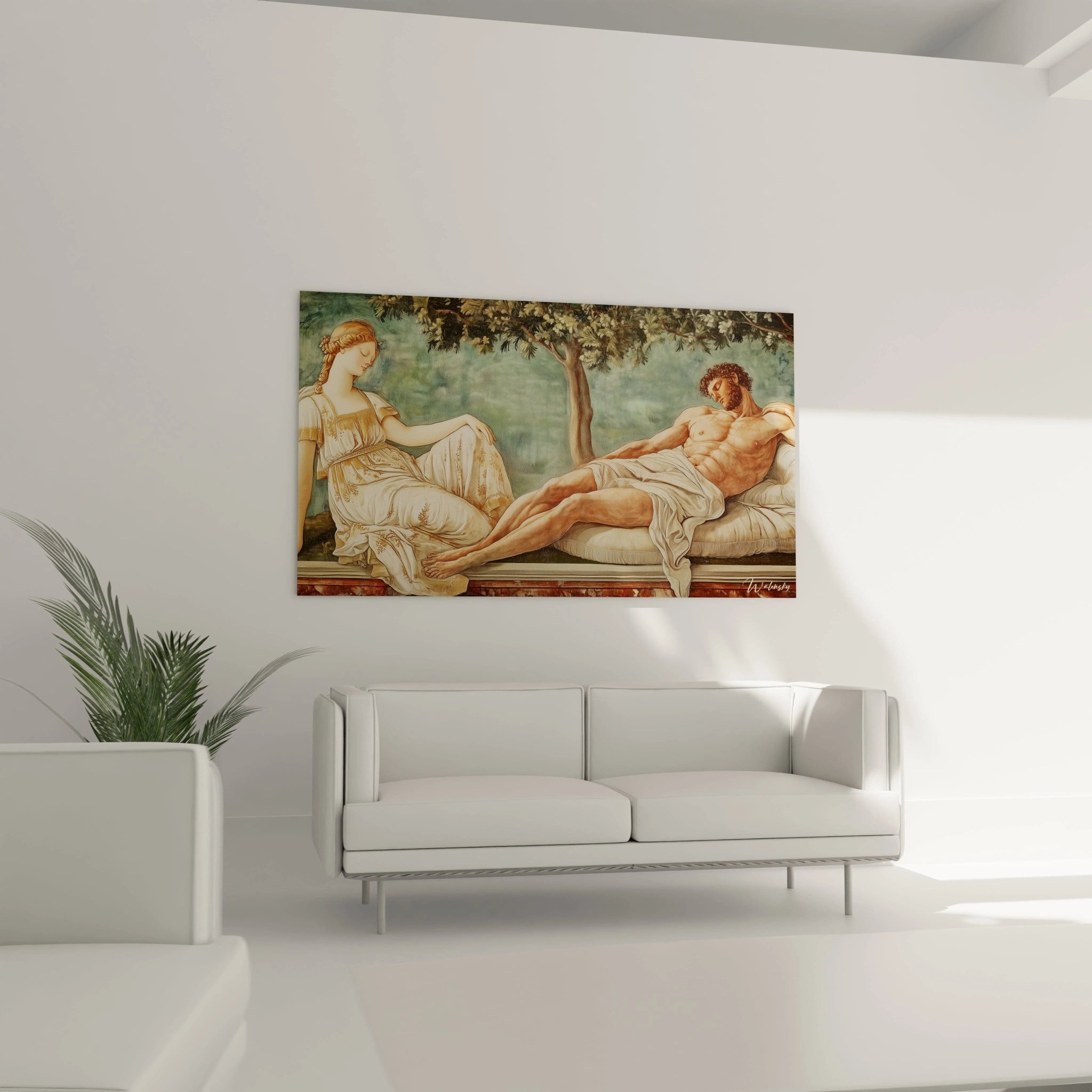 Un tableau Sandro Botticelli montrant une scÚne classique avec une femme assise et un homme endormi, utilisant des tons beige, or et vert, avec des textures douces et des détails réalistes dans les drapés.
