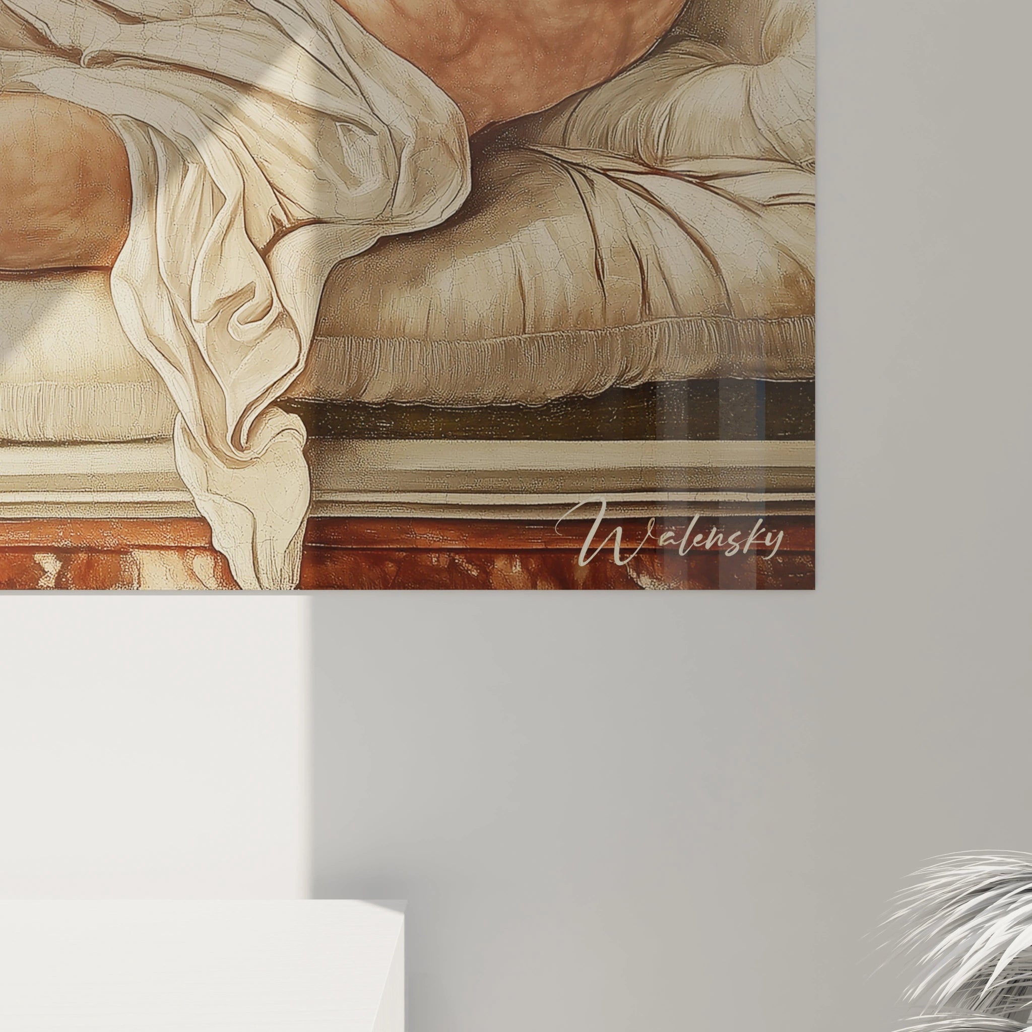 Un tableau Sandro Botticelli reprĂ©sentant une composition symĂ©trique avec un homme et une femme en vĂȘtements dâinspiration antique, sur un fond naturel vert, avec des ombres et textures rĂ©alistes.