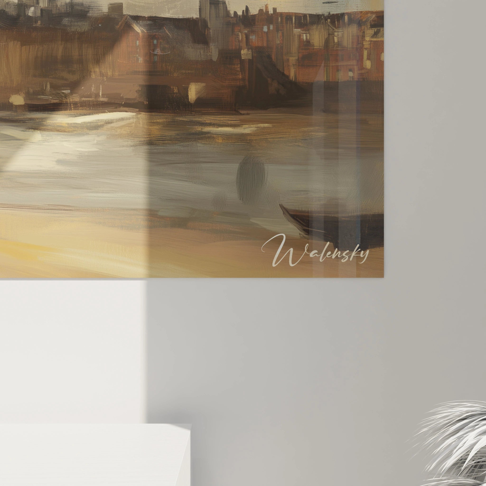 Un tableau Johannes Vermeer capturant une scène urbaine près de l’eau, avec une architecture détaillée et un ciel tourmenté. Les textures sont accentuées par des tons beige, marron et des touches de bleu.