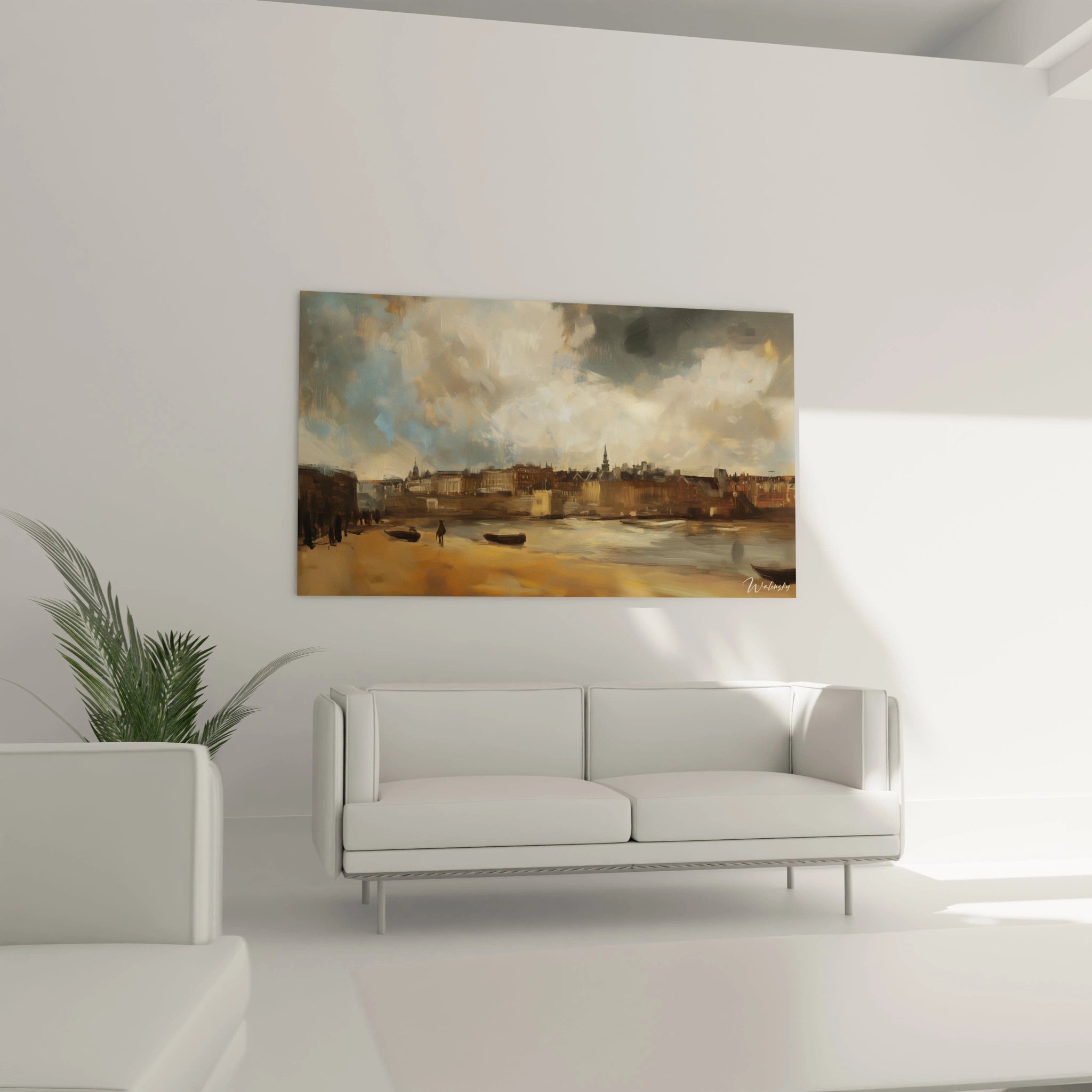 Un tableau Johannes Vermeer montrant un paysage fluvial avec des barques, des bâtiments sombres et un ciel lumineux texturé. Les couleurs dominantes sont bleu, beige et marron, avec des dégradés subtils.