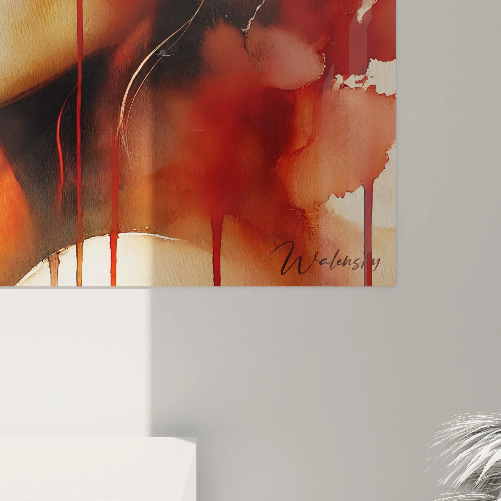 Vue rapprochée d un tableau romantique, révélant des détails subtils entre lumières et ombres. Les teintes rouges et oranges expriment la passion et la tendresse, idéal pour une décoration intime.