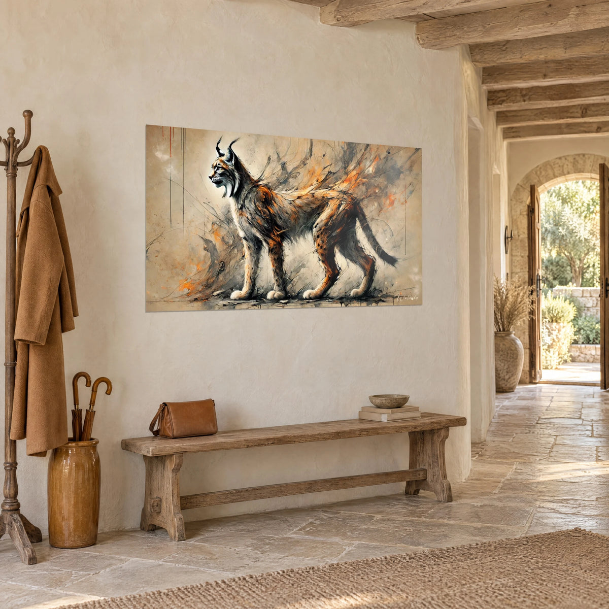 Wall art wild cat in abstract painting, bursts of orange and sand-beige background, above a bench, stone entryway