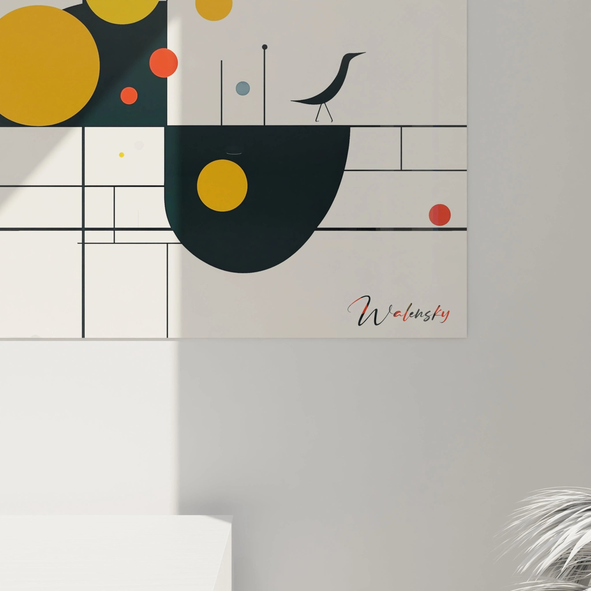 Tableau géométrique abstrait Walensky avec des formes colorées et un oiseau stylisé