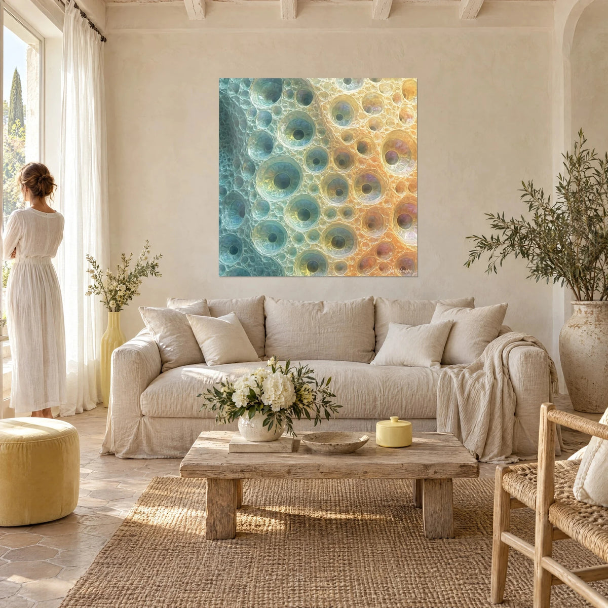 Wall art with raised, melted craters shifting from turquoise to orange, woman in a white dress seen from behind, above a sofa in a bright living room