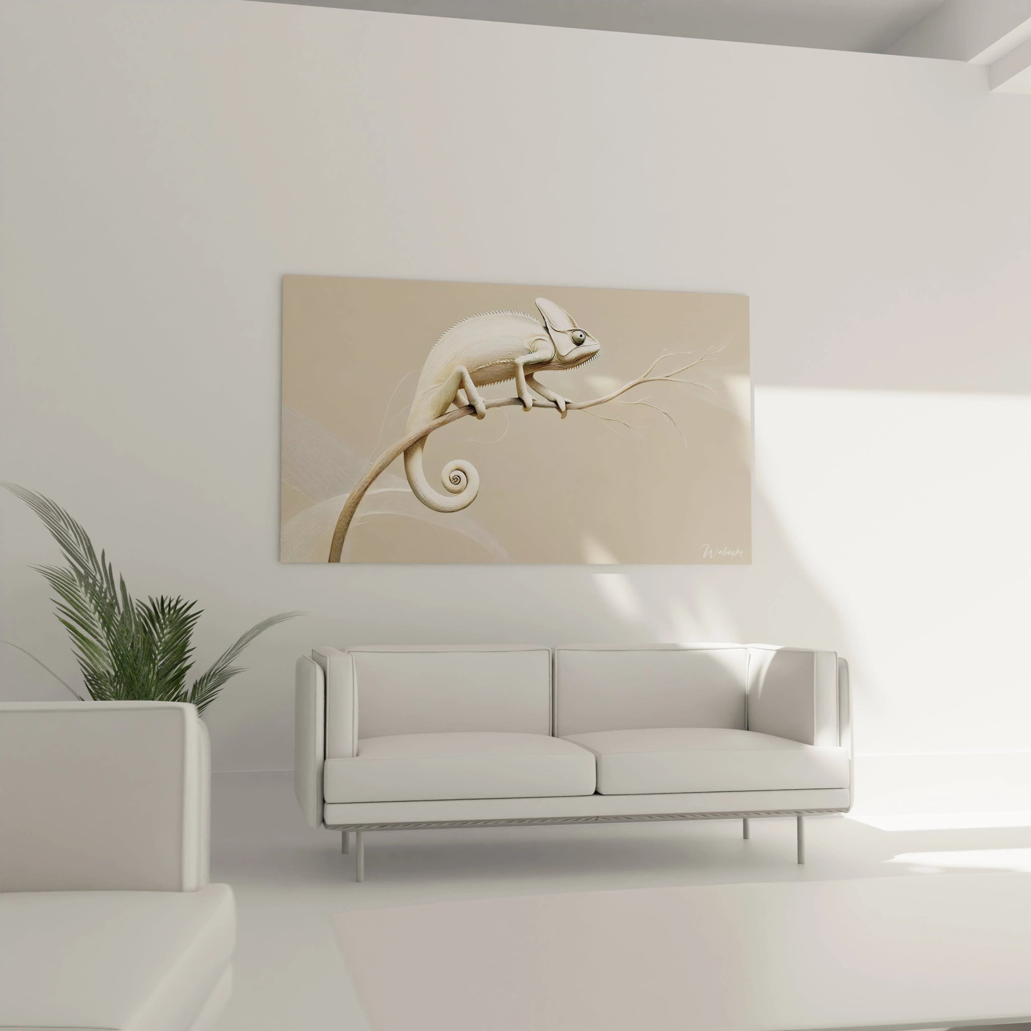 Accroché au-dessus du canapé, ce tableau caméléon au ton apaisant ajoute une touche d’élégance et de subtilité au salon Son style minimaliste sublime tout espace de vie moderne