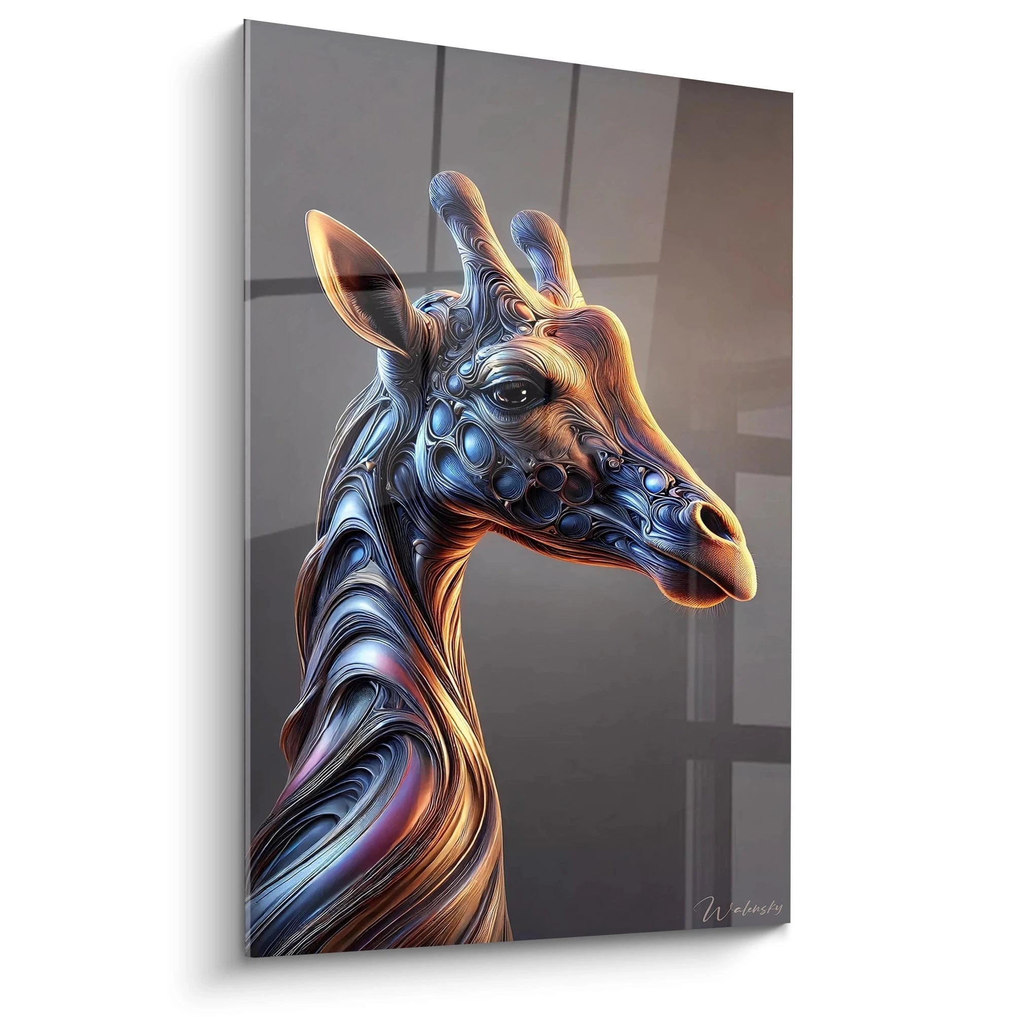 Vue latérale d'un tableau girafe futuriste aux teintes bronze, bleu et orange, avec textures métalliques et courbes fluides. Élégance et modernité fusionnent dans une vision artistique captivante.