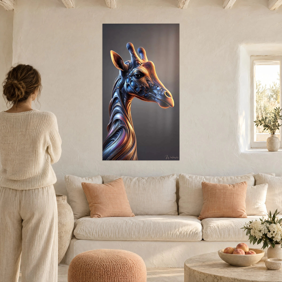 Cuadro jirafa esculpida con volutas azul acero y cobre naranja, mujer de espaldas, sobre un sofá en un salón luminoso
