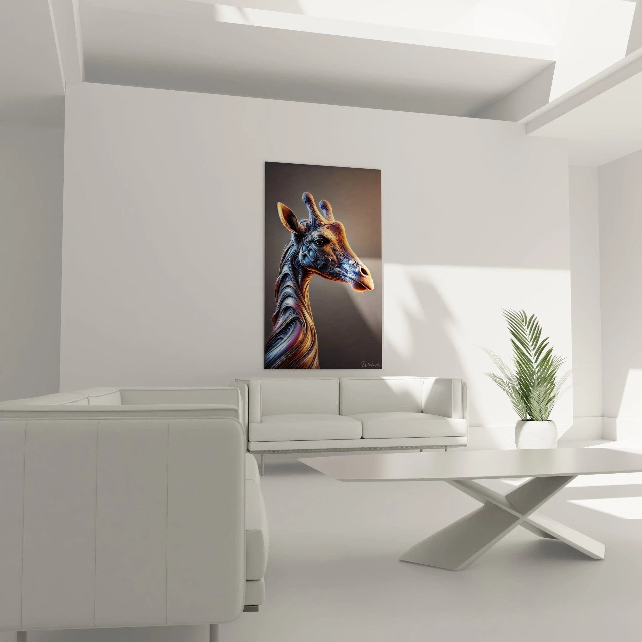 Tableau girafe suspendu dans un salon contemporain, au-dessus d’un canapé. Contraste harmonieux des teintes bronze, bleu et orange, avec textures futuristes et effet captivant.