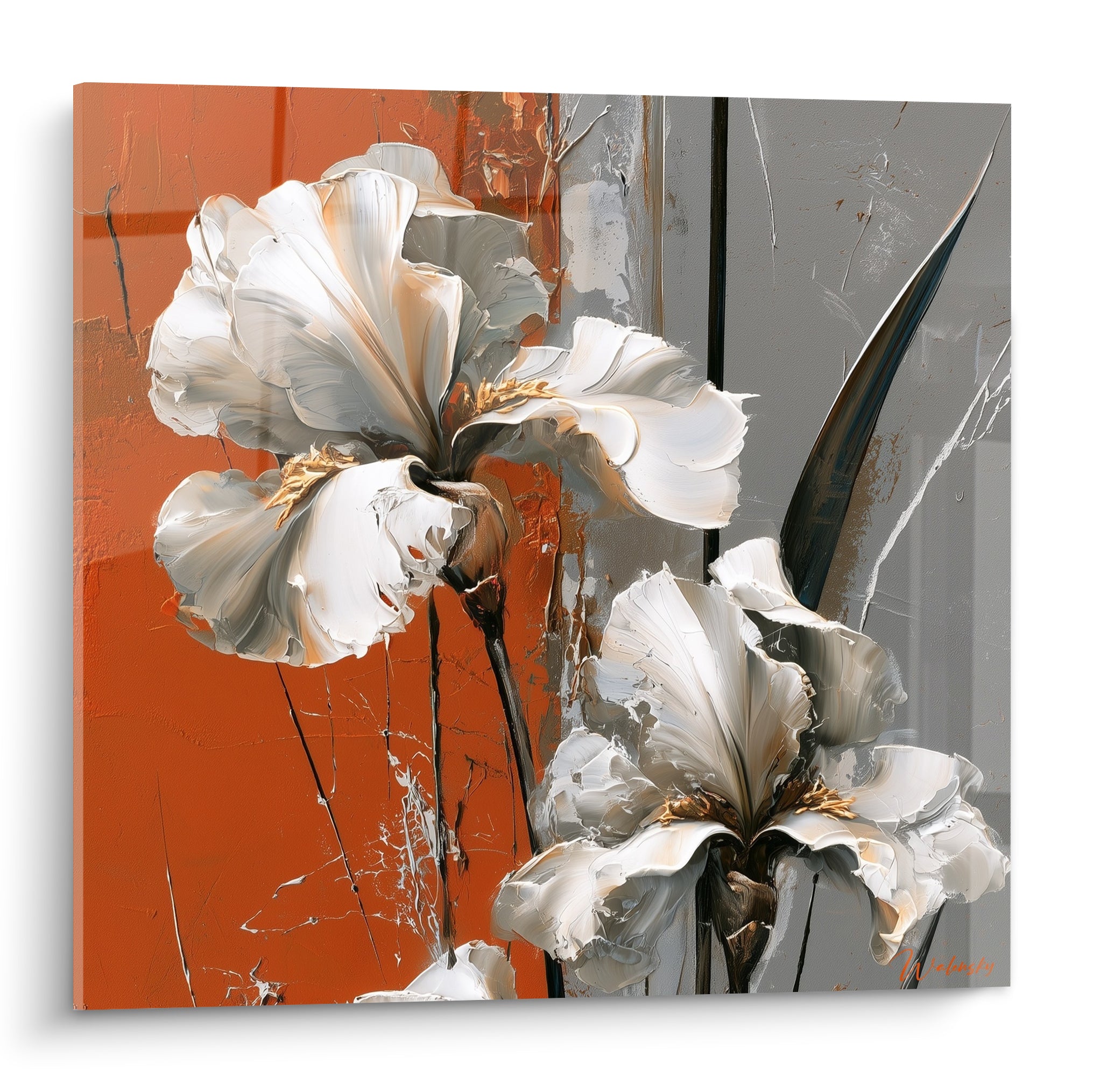 Iris blancs aux pétales froissés sur fond terracotta et gris anthracite texturé