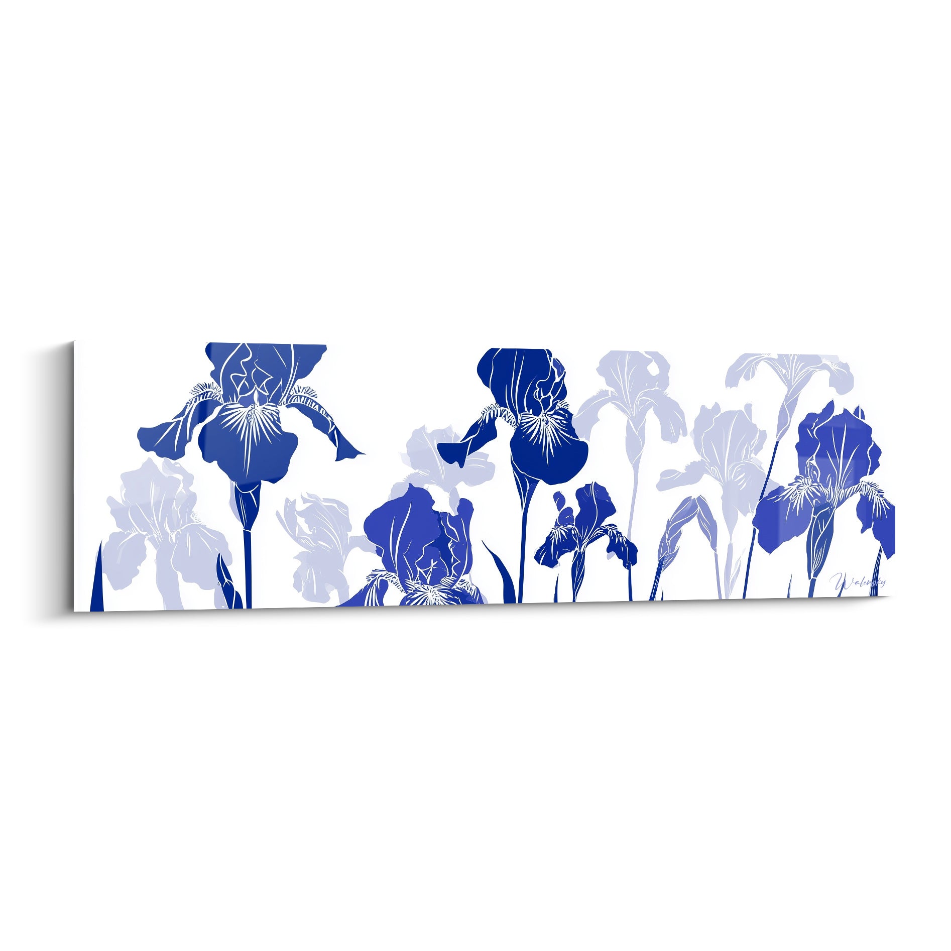 Iris bleu marine et pastel alignés en rangée graphique sur fond blanc épuré