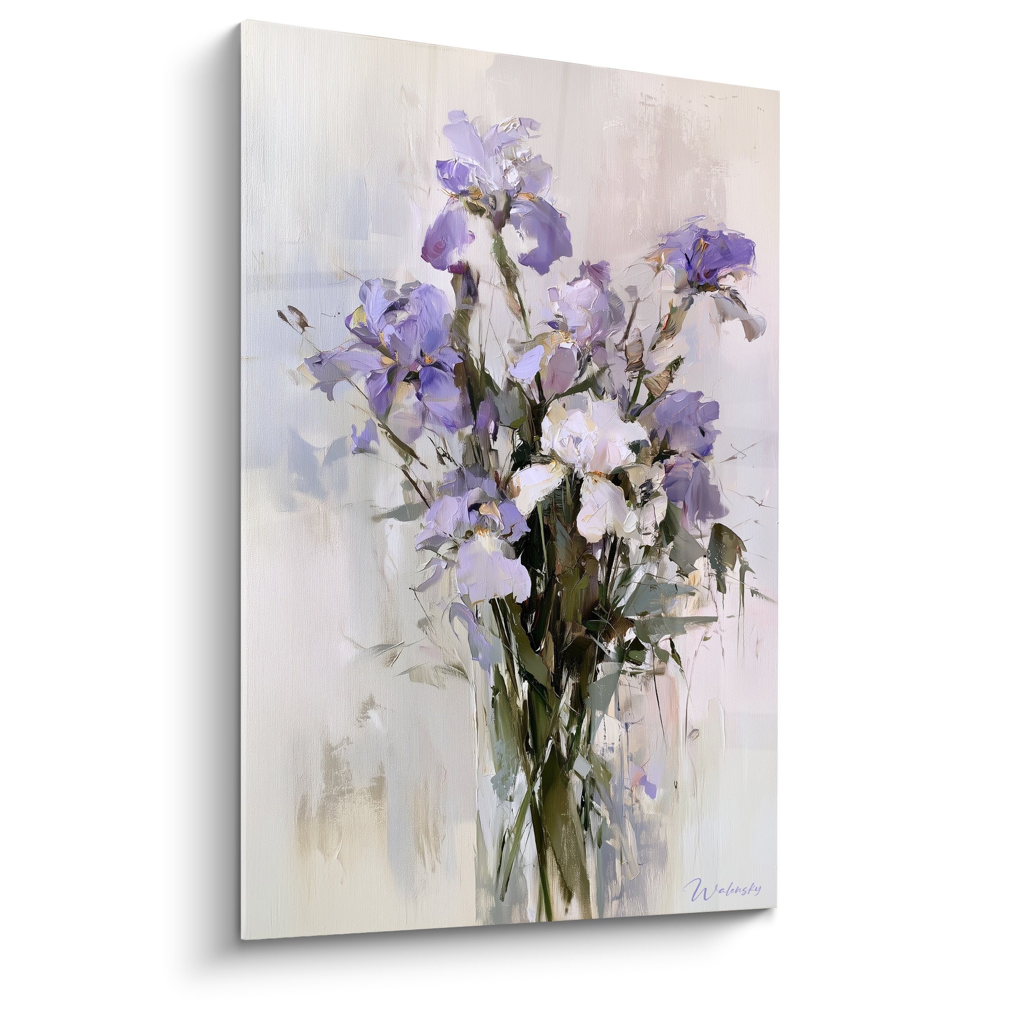 Bouquet d'iris violets et blancs peint à la spatule sur fond beige texturé