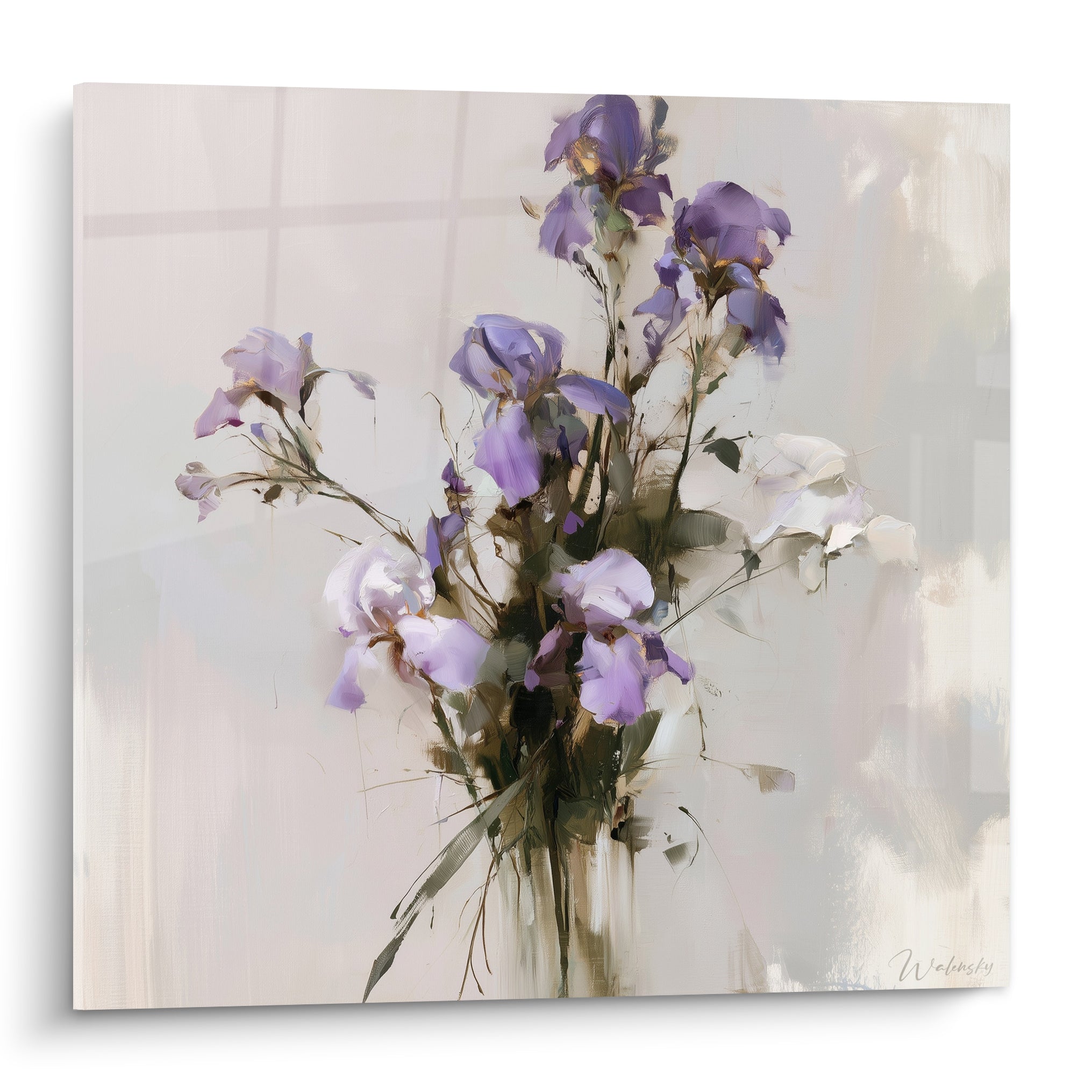 Bouquet d'iris violets et blancs peint aux tiges vert olive sur fond beige lumineux
