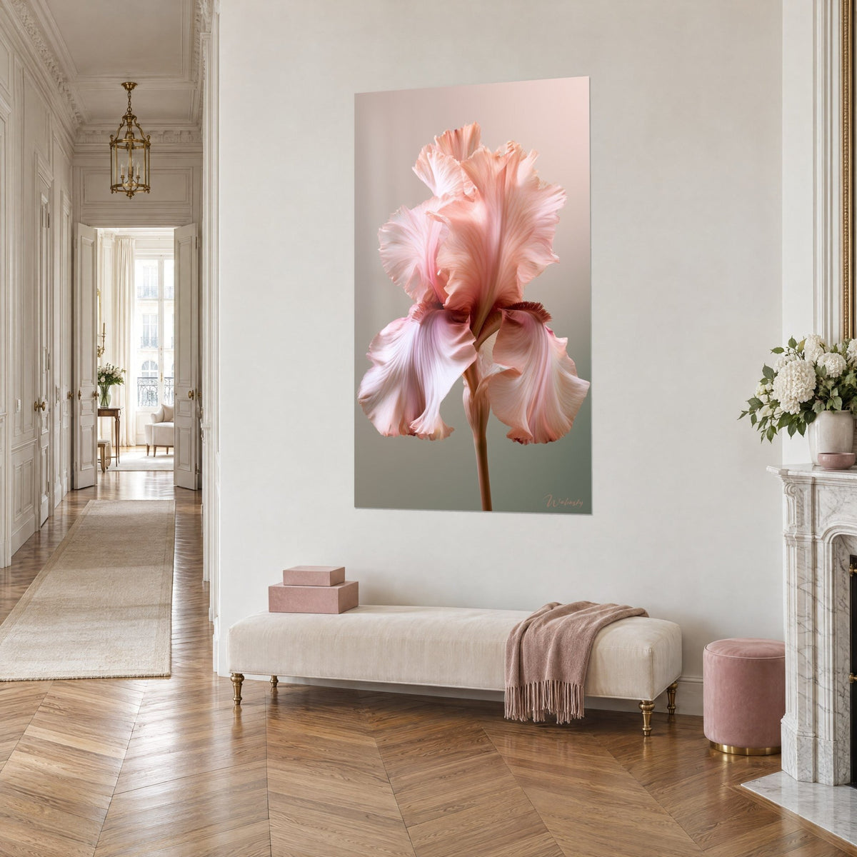Wall art salmon flower and sage grey, copper stamen at the centre, in a parquet-floored Haussmann hallway