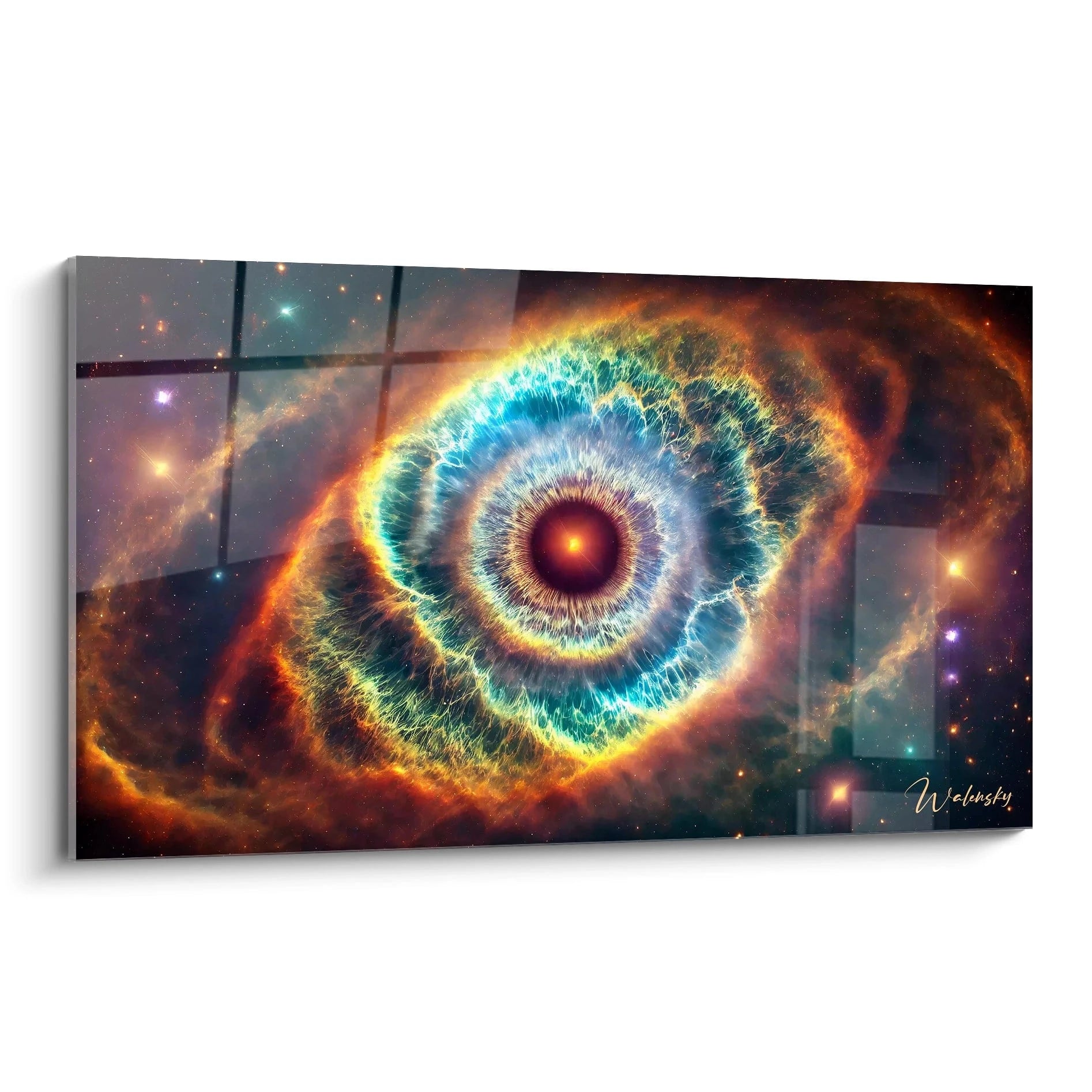 Le tableau espace vu de biais montre des nébuleuses vibrantes aux teintes bleu et orange, avec un œil central captivant et des éclats lumineux qui évoquent l'immensité du cosmos.