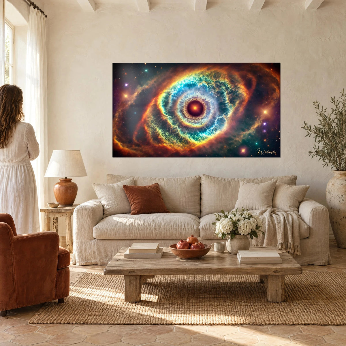 Gemälde Nebel in Form eines Auges, türkisblaue Iris umrahmt von glühendem Orange, über einem Sofa in einem hellen Wohnzimmer