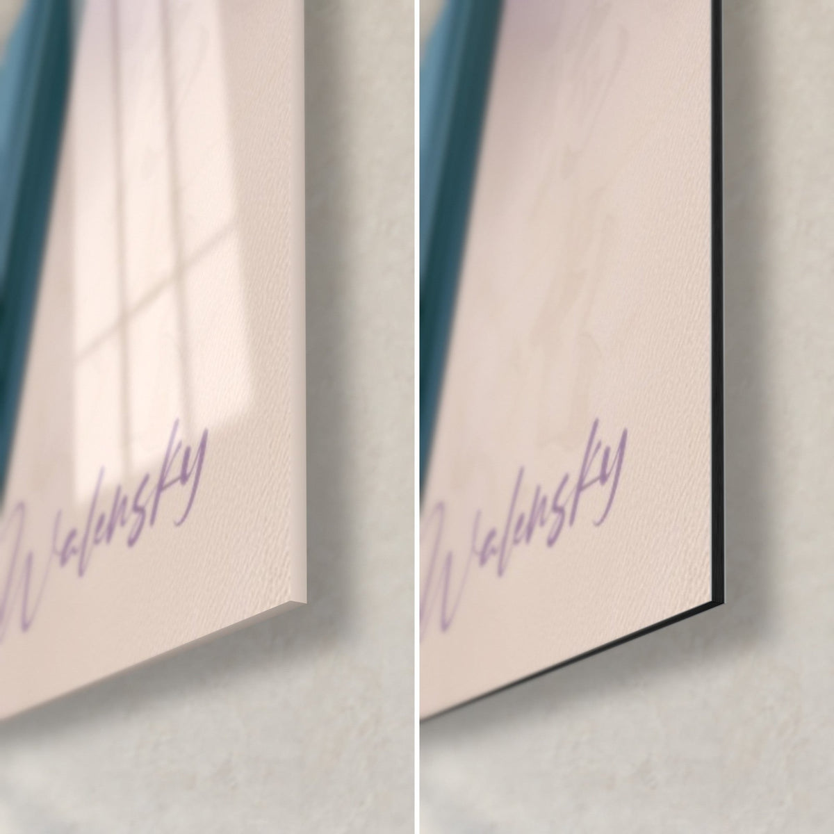 Quadro iris viola, angolo in basso a destra: firma Walensky rosa pallido, vetro acrilico lucido a sinistra, Dibond nero opaco a destra