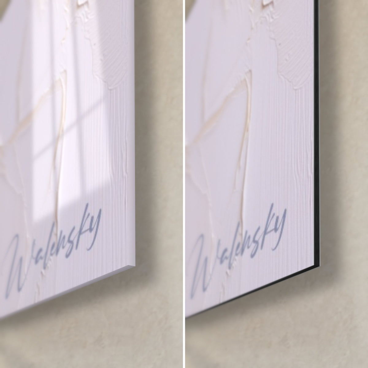Wall art violet and lilac iris, bottom right corner: glossy acrylic glass reflecting the window, matte Dibond aluminium, black edge