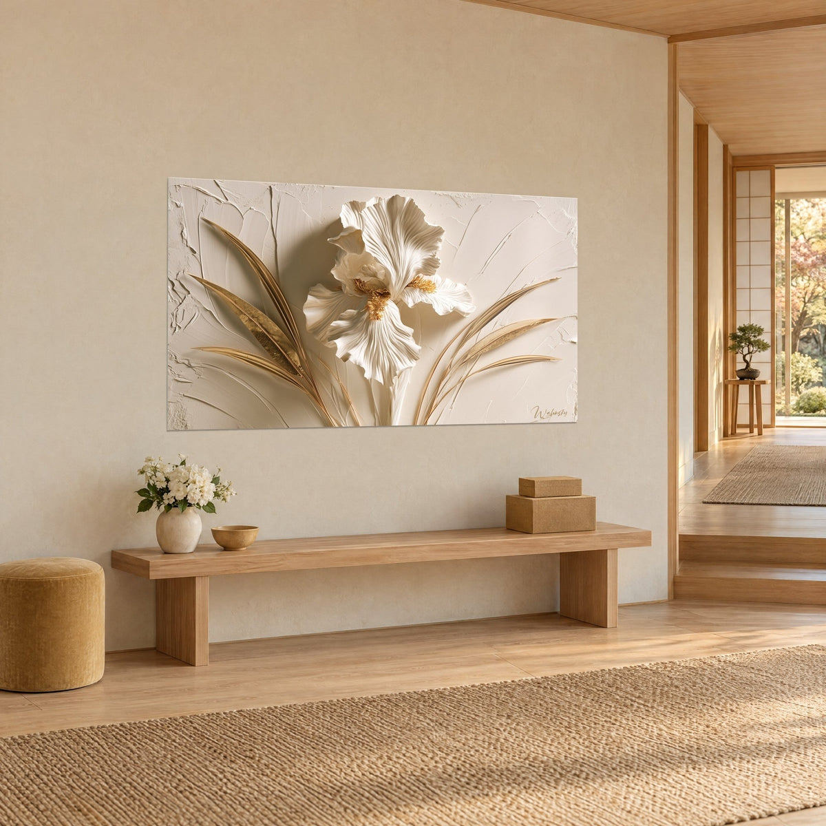 Wall art sculpted off-white orchid, gold stamens and blades in relief on beige background, three-quarter view in a japandi hallway