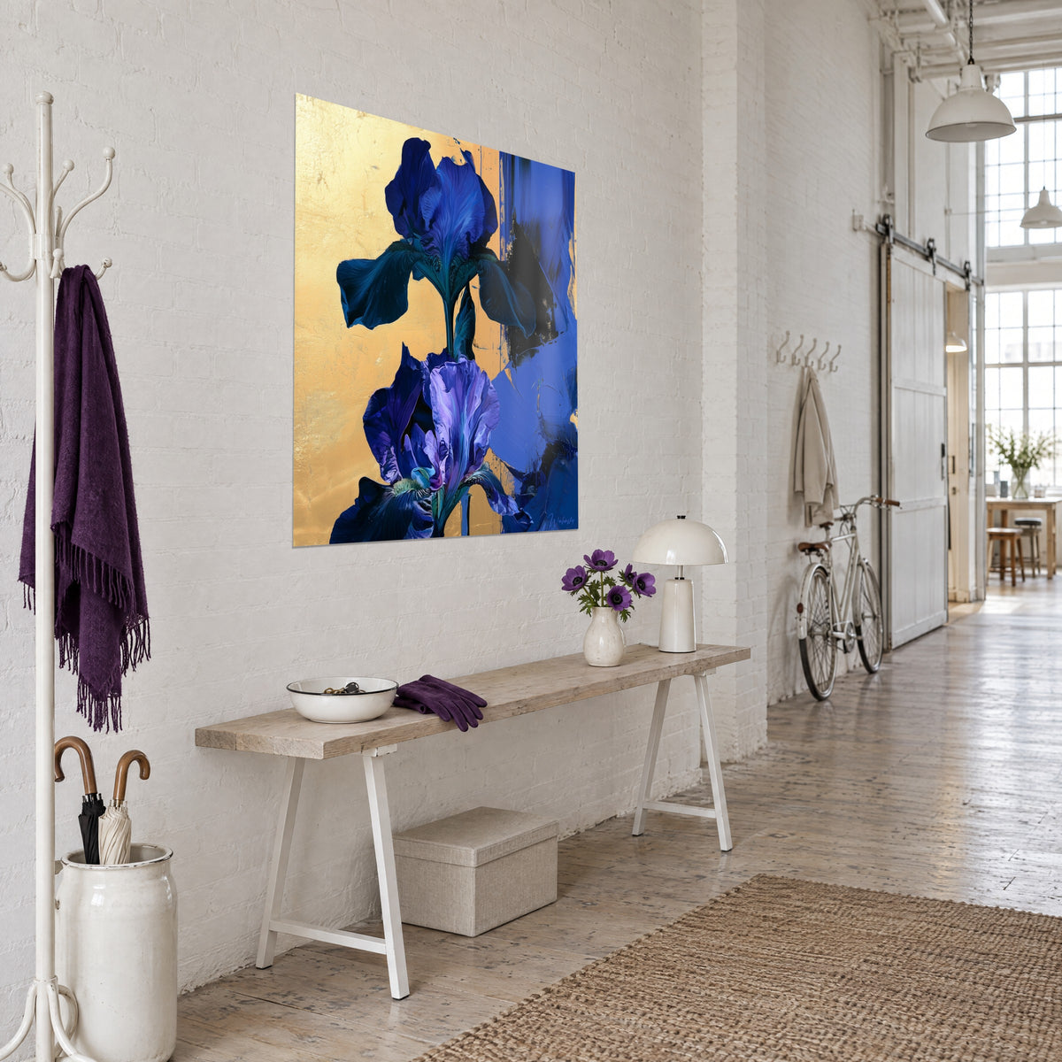 Wall art indigo iris with dark green sepals, golden background and cobalt palette-knife strokes, three-quarter view in an artist's loft