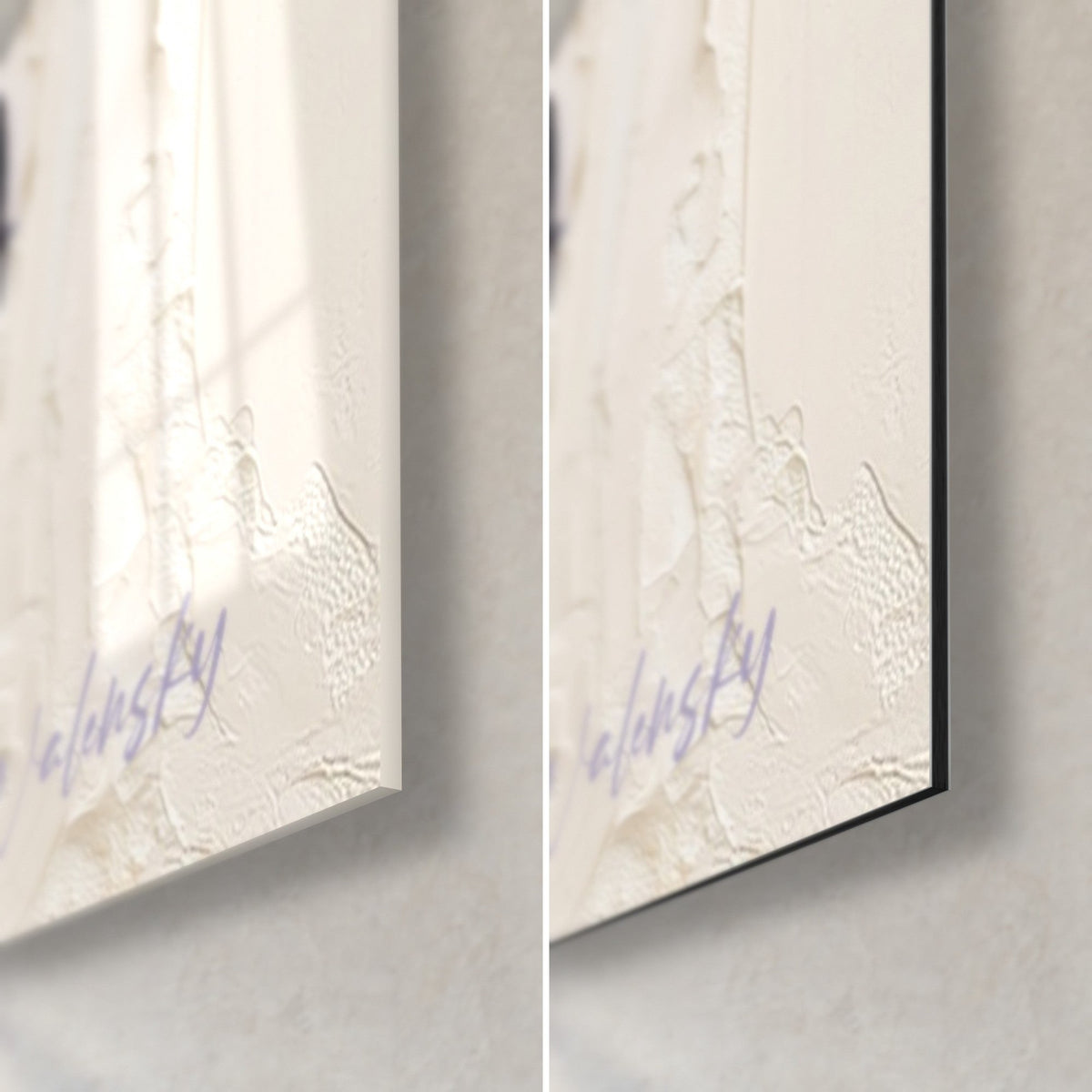 Wall art cream and mauve iris blooms, bottom right corner: glossy acrylic glass on the left, matte Dibond on the right, 3 mm black edge