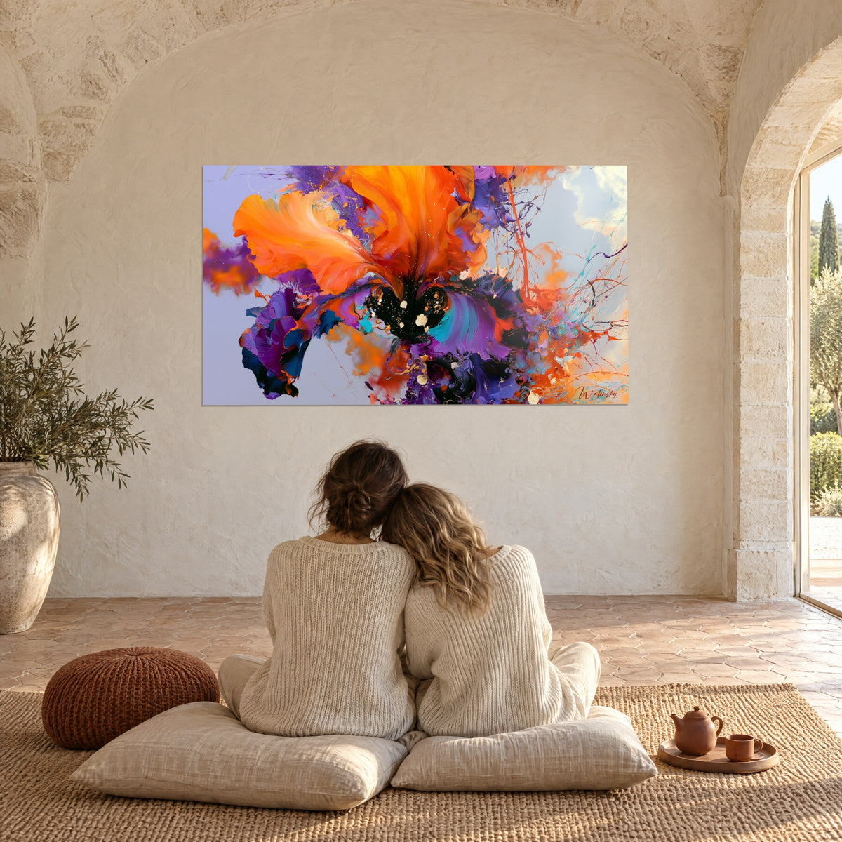 Schilderij bloemenexplosie in oranje, violet en turquoise, bewonderd door een omhelsd koppel op kussens in de Provençaalse boerderij