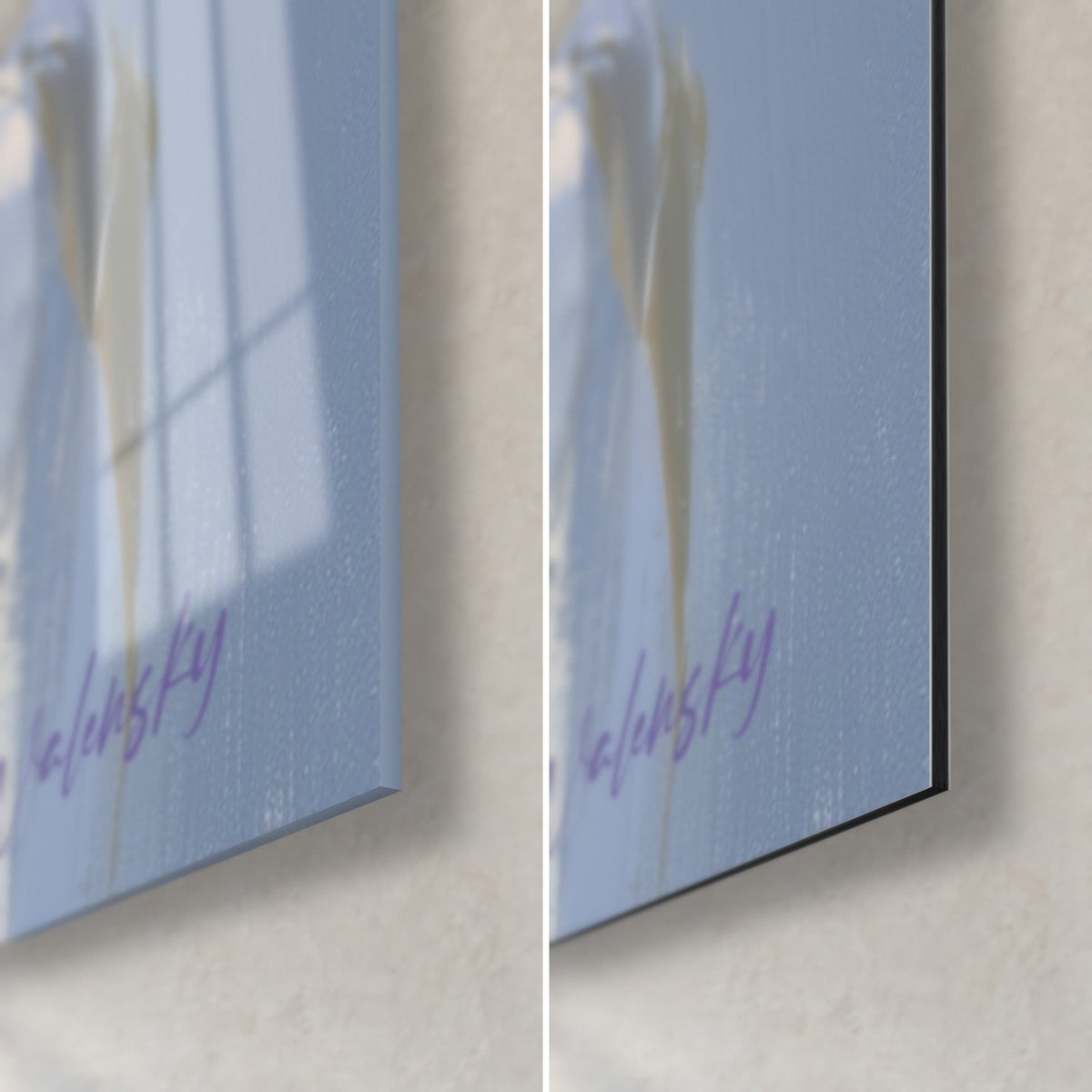Wall art iris with lavender petals, bottom right corner, violet signature, glossy acrylic glass on the left, matte black Dibond aluminium on the right