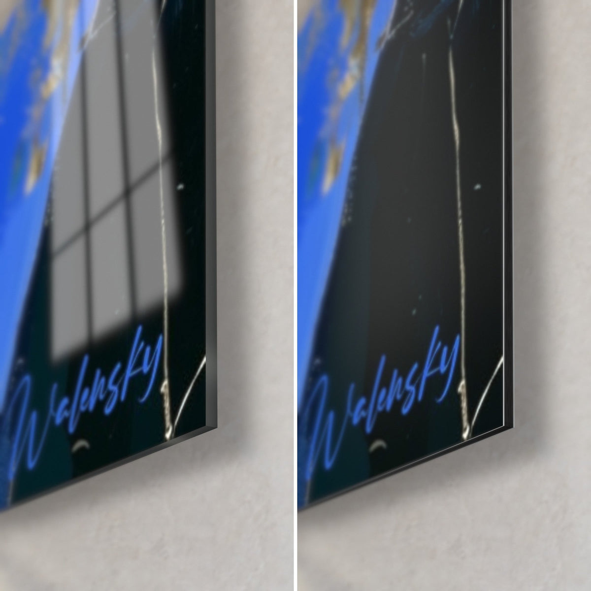 Wall art royal blue iris, bottom right corner: glossy acrylic glass on the left, matte Dibond aluminium on the right, 3 mm black edge