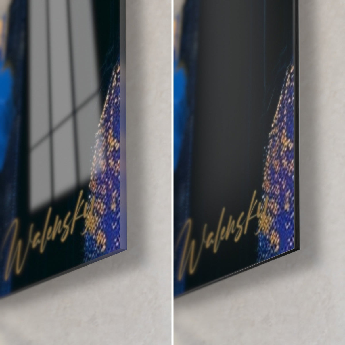 Cuadro iris azul profundo, esquina inferior derecha: cristal acrílico brillante a la izquierda, aluminio Dibond mate a la derecha, canto de 3 mm, dorados