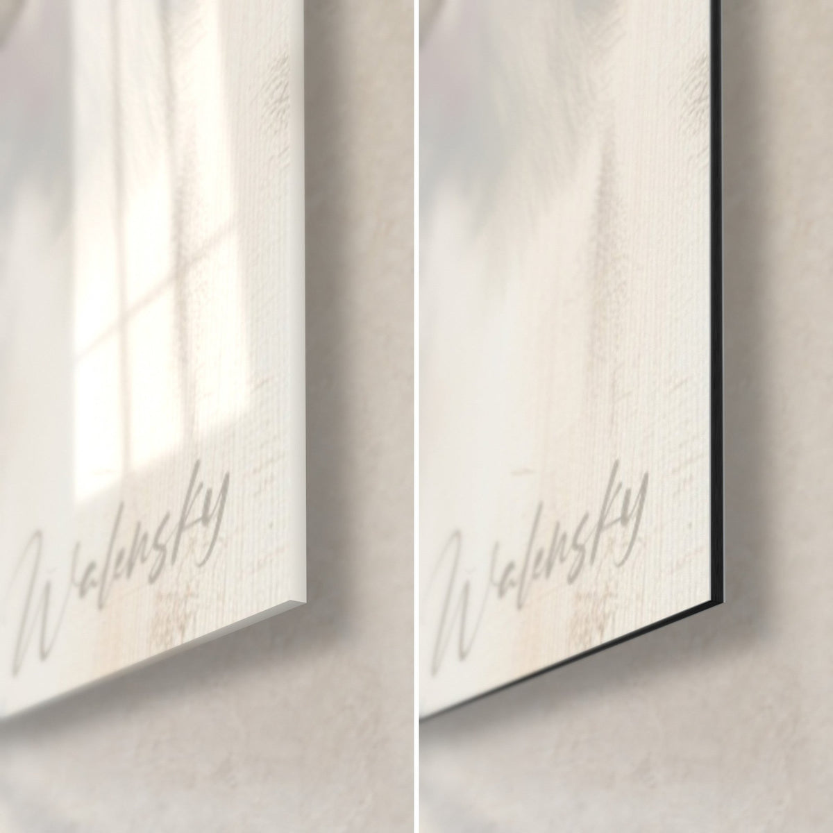 Schilderij boeket paarse irissen, rechtsonder: glanzend acrylglas met reflecties, mat zwart Dibond-aluminium, rand van 3 mm