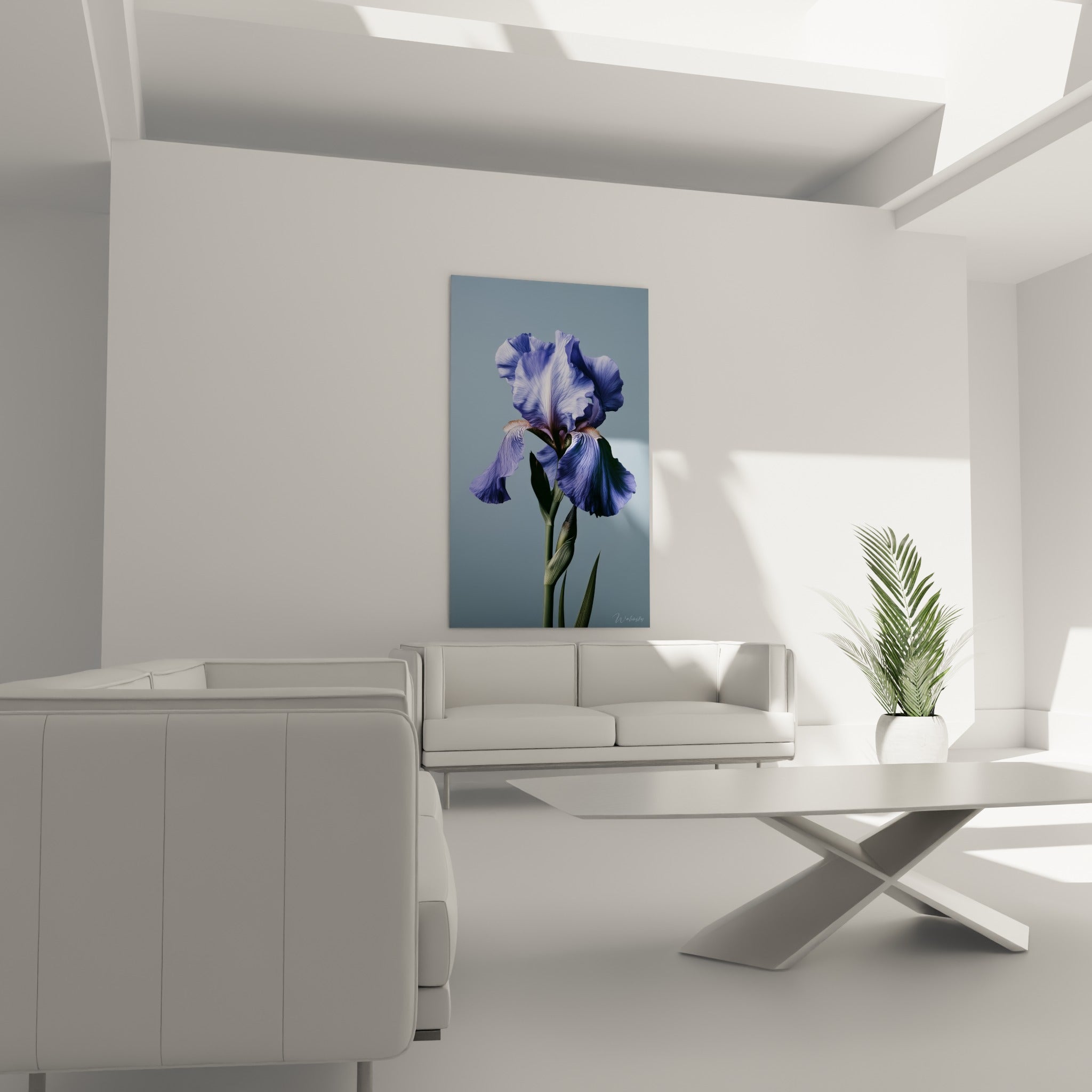 Pétales d'iris violet et fauve orangé accrochés au-dessus d'un canapé dans un salon lumineux