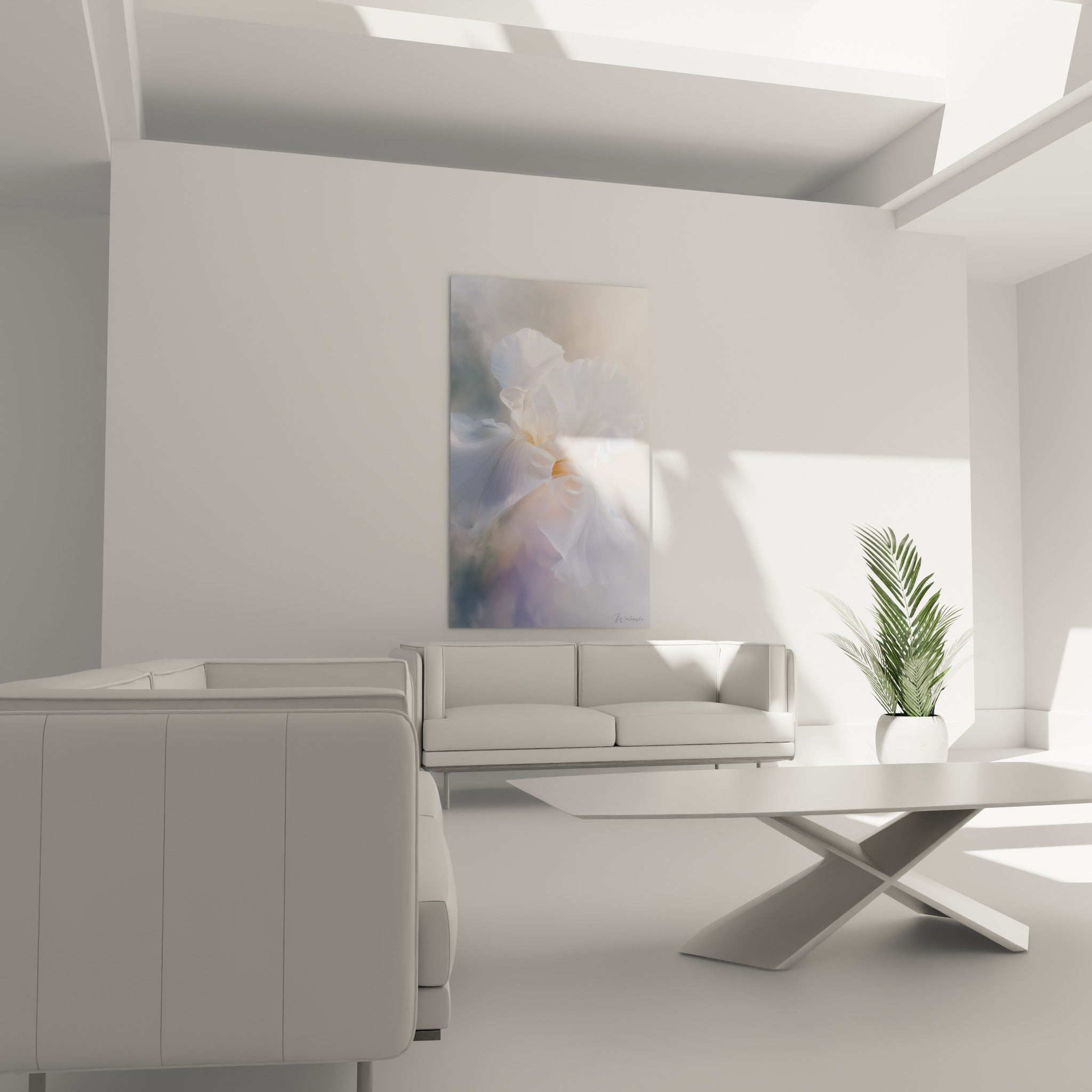 Pétales d'iris blanc et doré ondulant avec douceur, au-dessus d'un canapé dans un salon lumineux