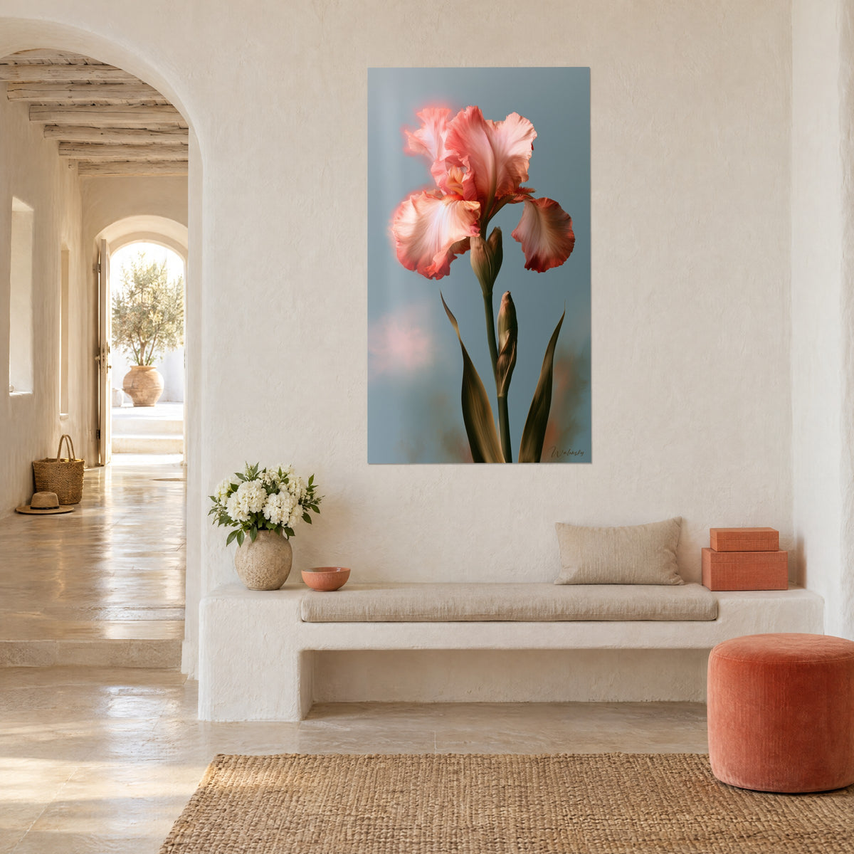 Wall art salmon and peach bearded iris, long olive-green upright leaves, hung in a vaulted hallway, three-quarter view