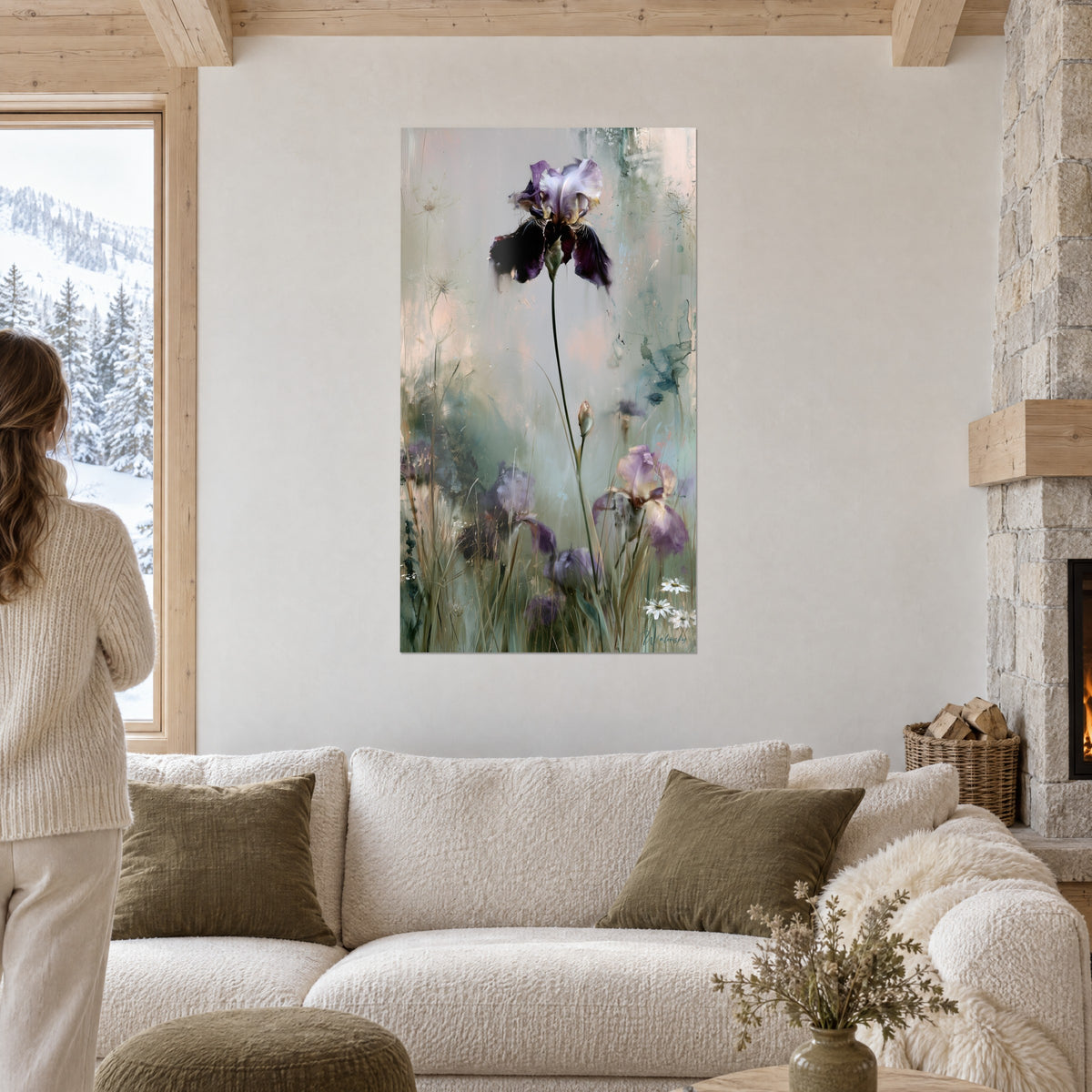 Wall art purple iris on a slender stem, sage and powder pink background, above a sofa in a bright living room