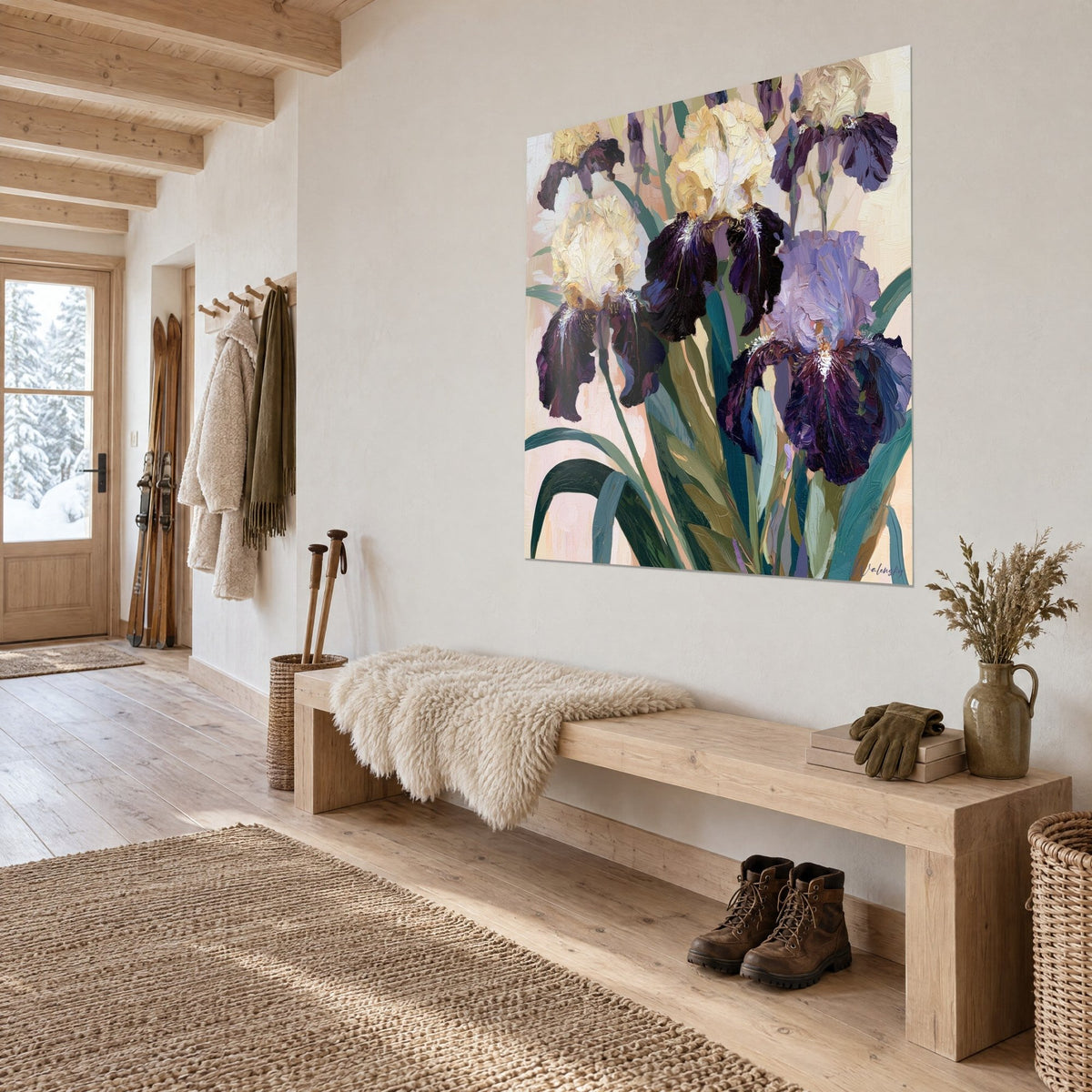 Wall art lush bearded iris bouquet in pale yellow and lavender purple, blue-green foliage, above an oak bench in an entryway