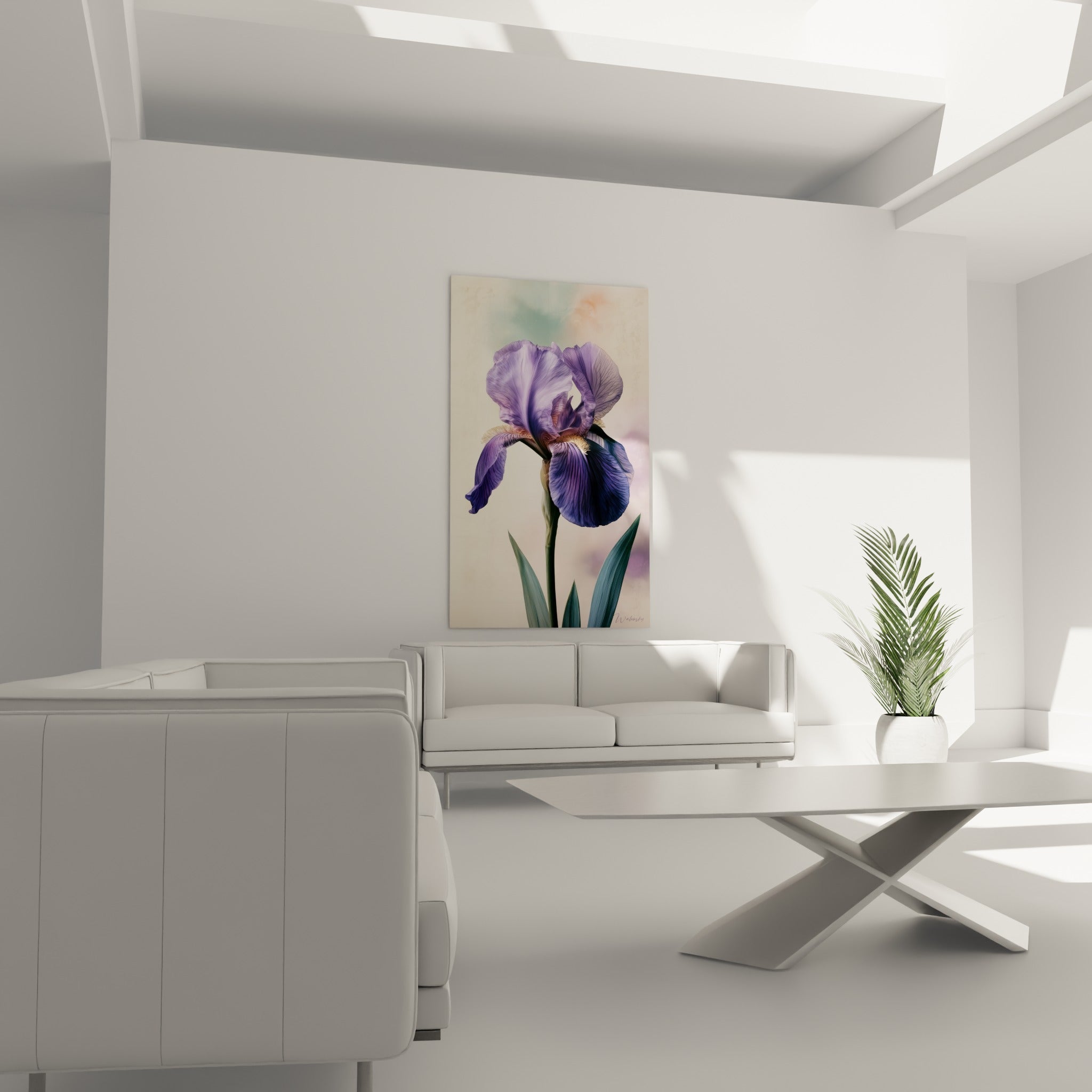 Pétales violets et bleu lavande de l'iris déployés au-dessus d'un canapé dans un salon lumineux