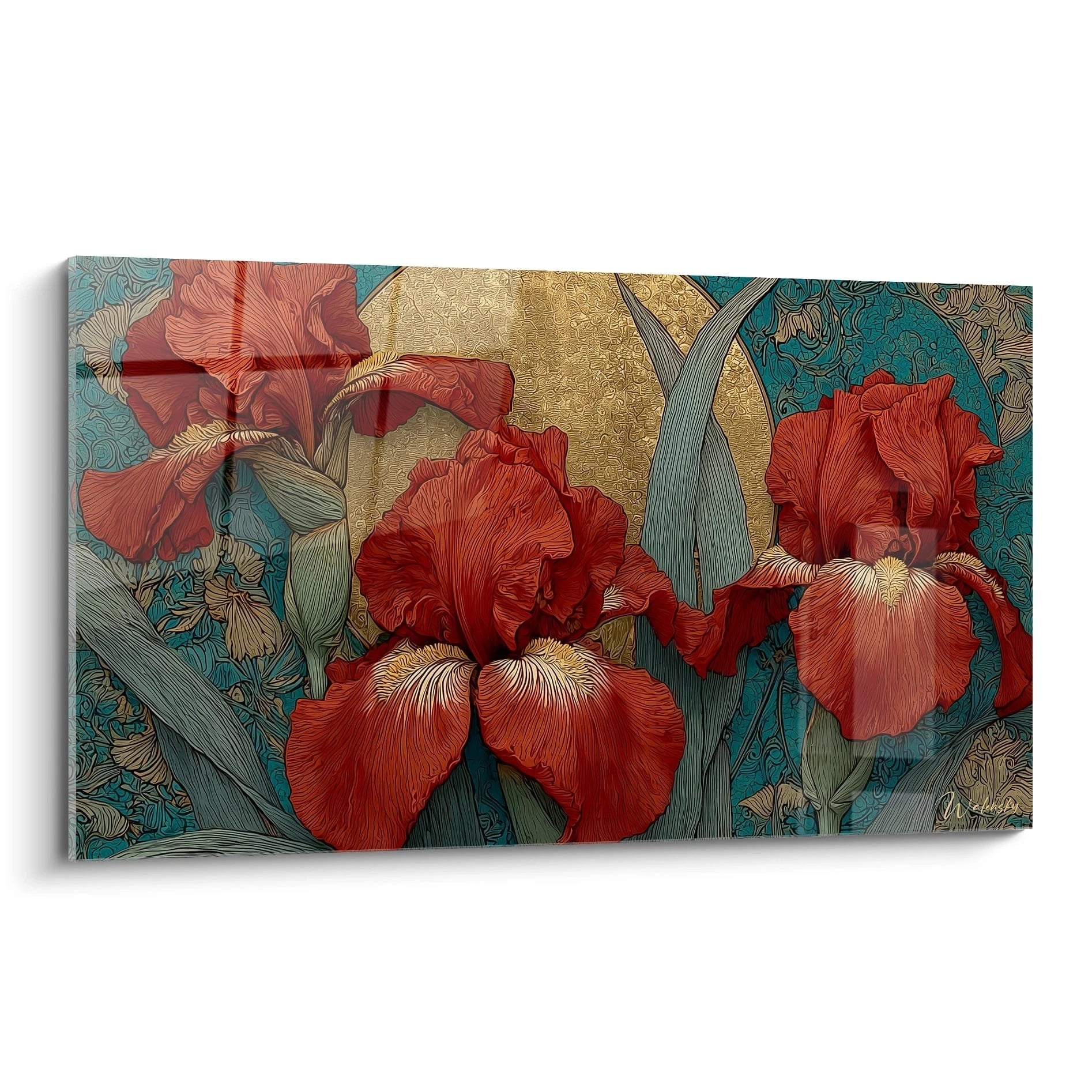 Walensky tableau mural tableau art nouveau iris avec grands iris rouges détaillés sur fond bleu vert et disque doré