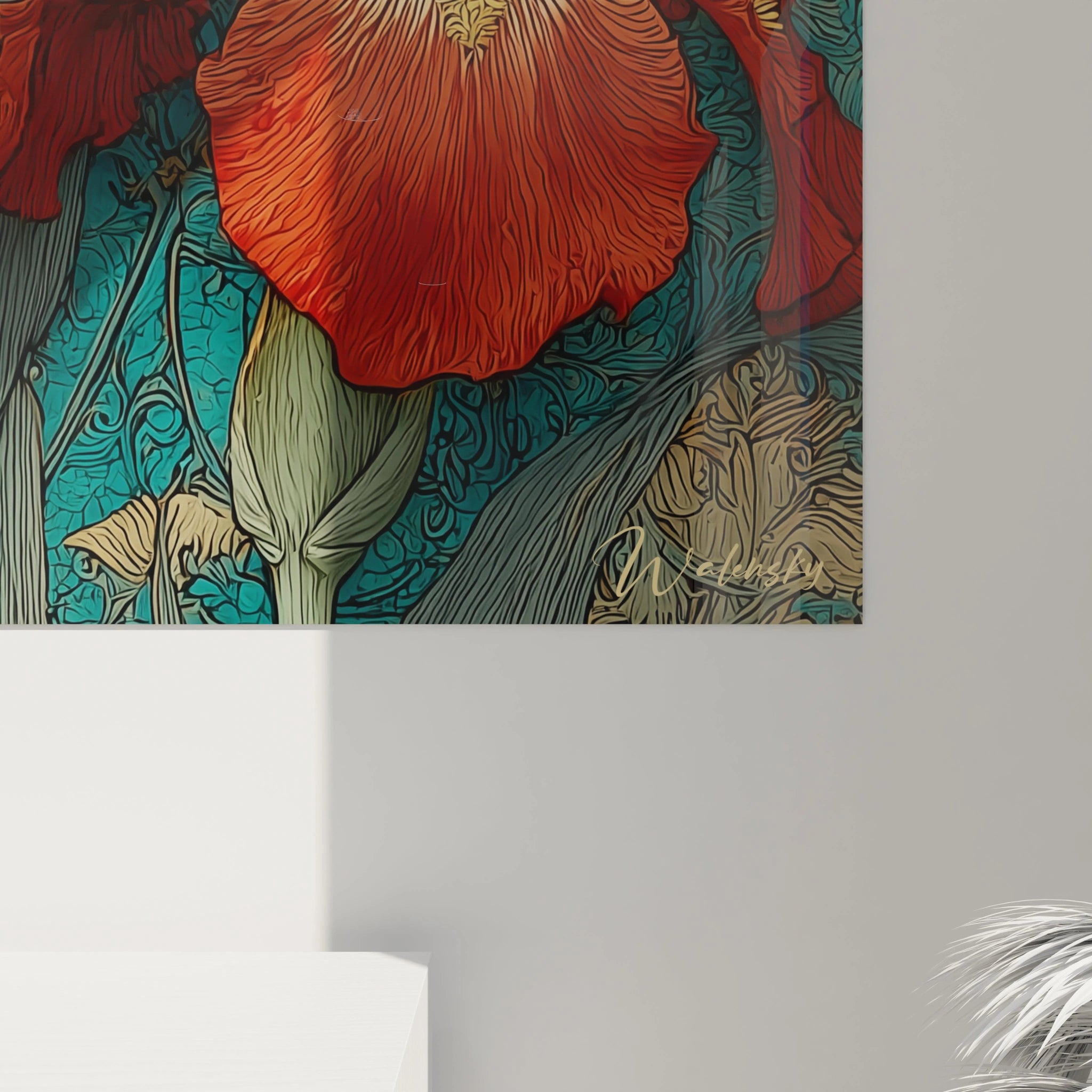Tableau mural Walensky tableau art nouveau iris rouge et turquoise en gros plan décoratif