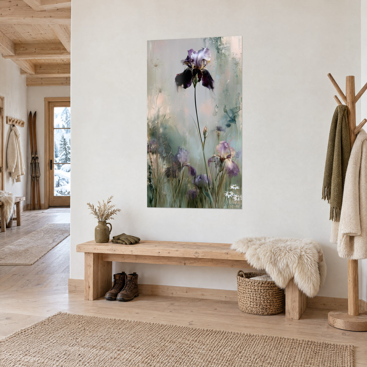 Wall art violet flower with plum-black petals, fine grasses and white daisies, on a cream wooden entryway wall
