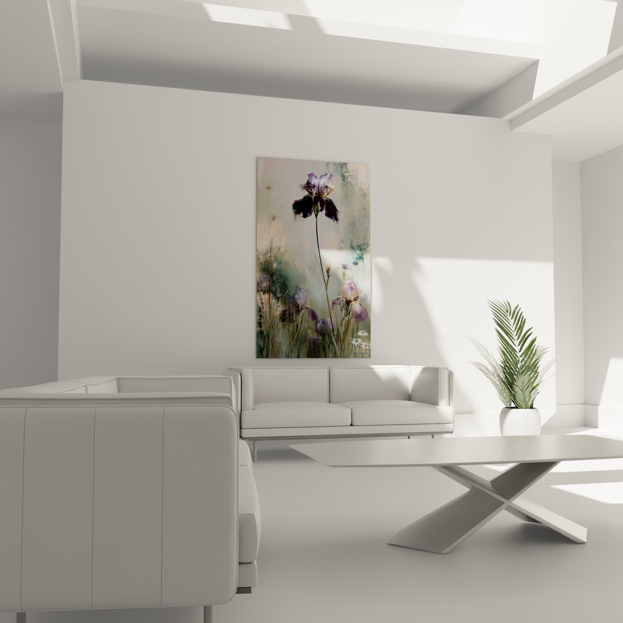 Tige d'iris élancée entourée de marguerites blanches au-dessus d'un canapé dans un salon lumineux