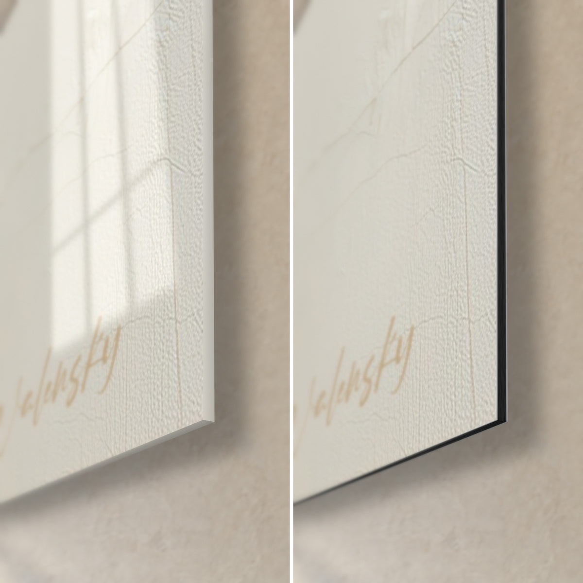Wall art ivory and navy iris, bottom right corner: glossy acrylic glass on the left, matte Dibond on the right, 3 mm edge
