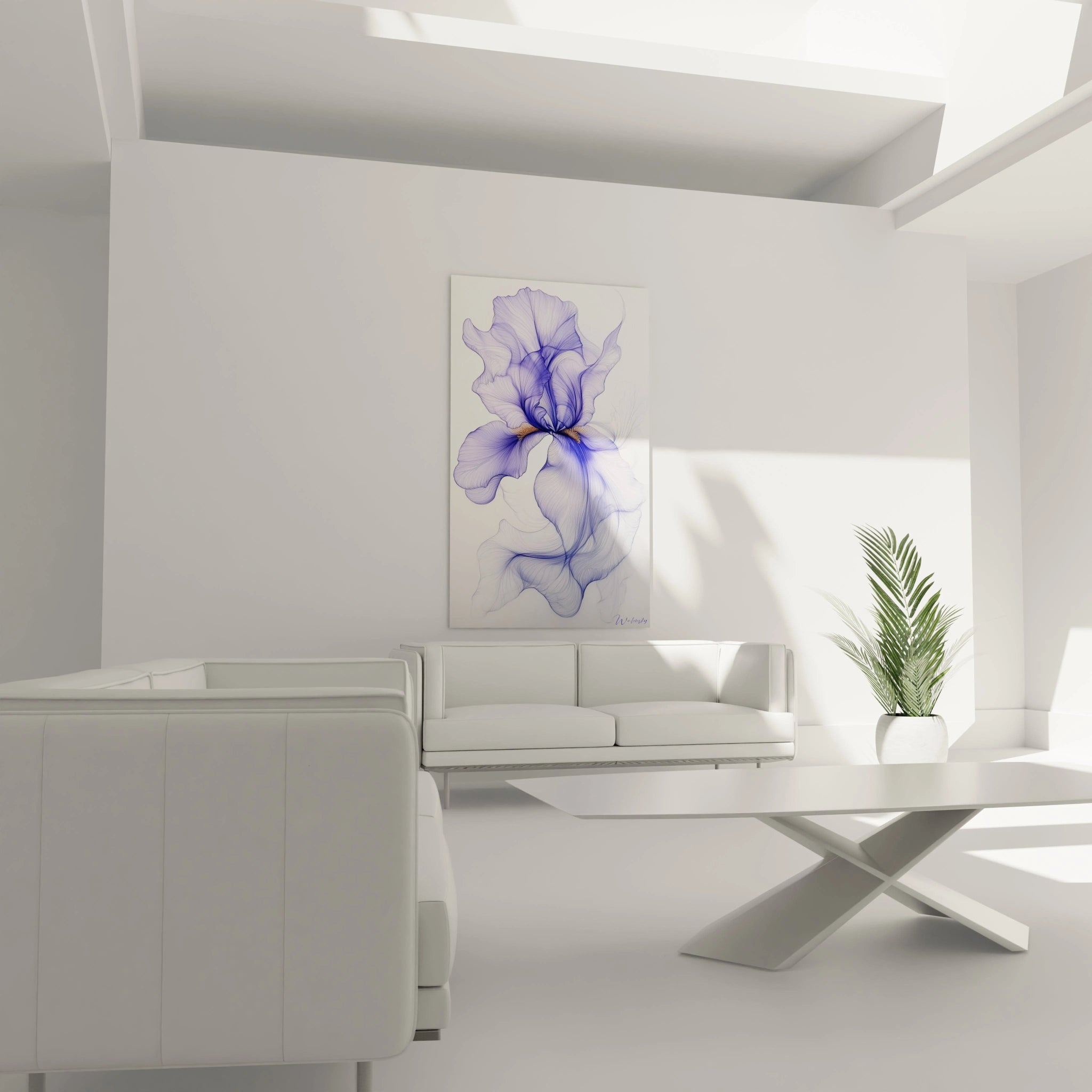 Un tableau iris nature représentant un iris aux pétales détaillés en violet et or sur un fond blanc. Les traits fins et superposés forment une texture vaporeuse et un effet de profondeur.