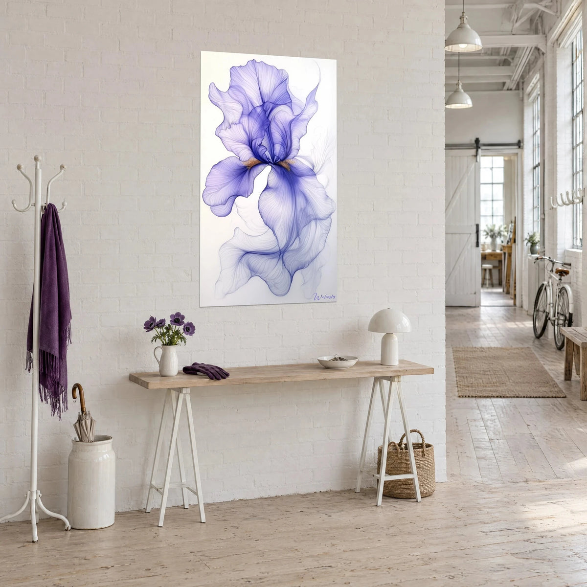 Wall art deep blue ultramarine iris flower with fine veins on white background, wooden console, loft with large windows