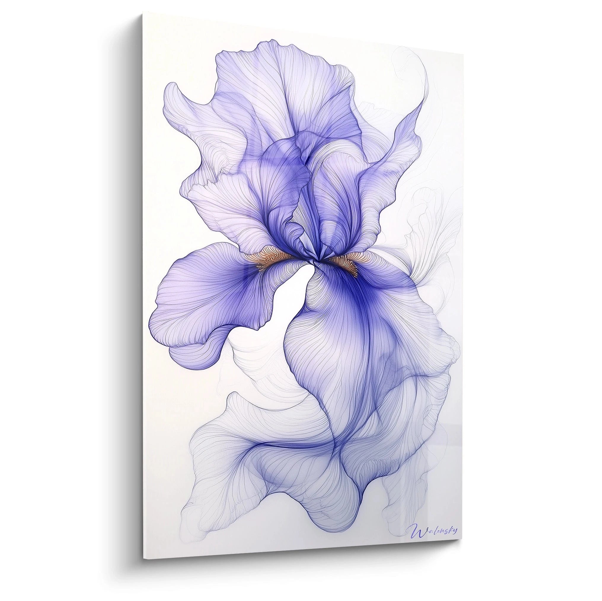Un tableau iris nature illustrant une fleur stylisée aux pétales violets avec des touches dorées, sur un fond clair. Les lignes fines et fluides créent un effet de transparence et de mouvement.