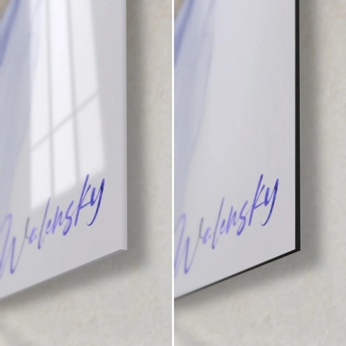 Wall art iris with lavender swirls, bottom right corner: glossy glass on the left, matte Dibond on the right, 3 mm edge