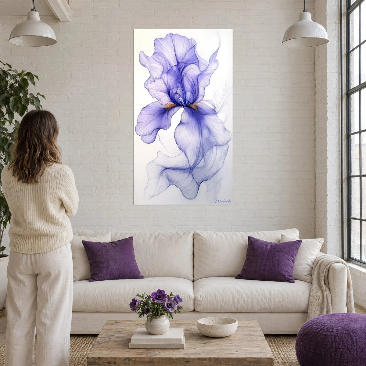 Wall art purple iris with translucent petals and golden heart, above a sofa in a bright living room