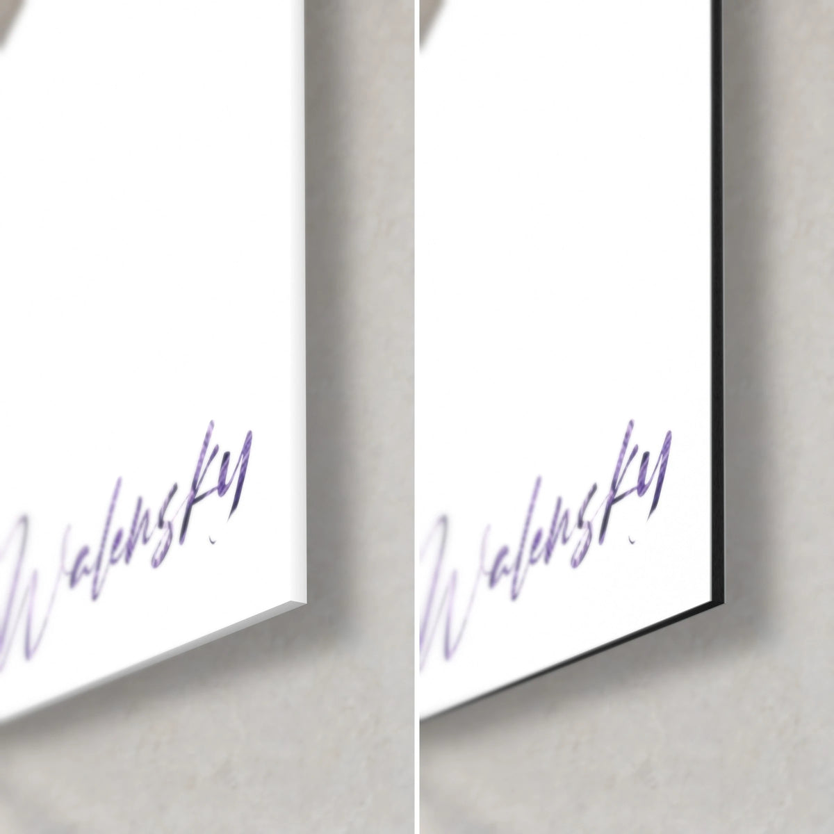 Gemälde einer Iris in Purpur und Weiß, untere rechte Ecke aus glänzendem Acrylglas und mattem Dibond-Aluminium, Walensky-Signatur, 3 mm Kante